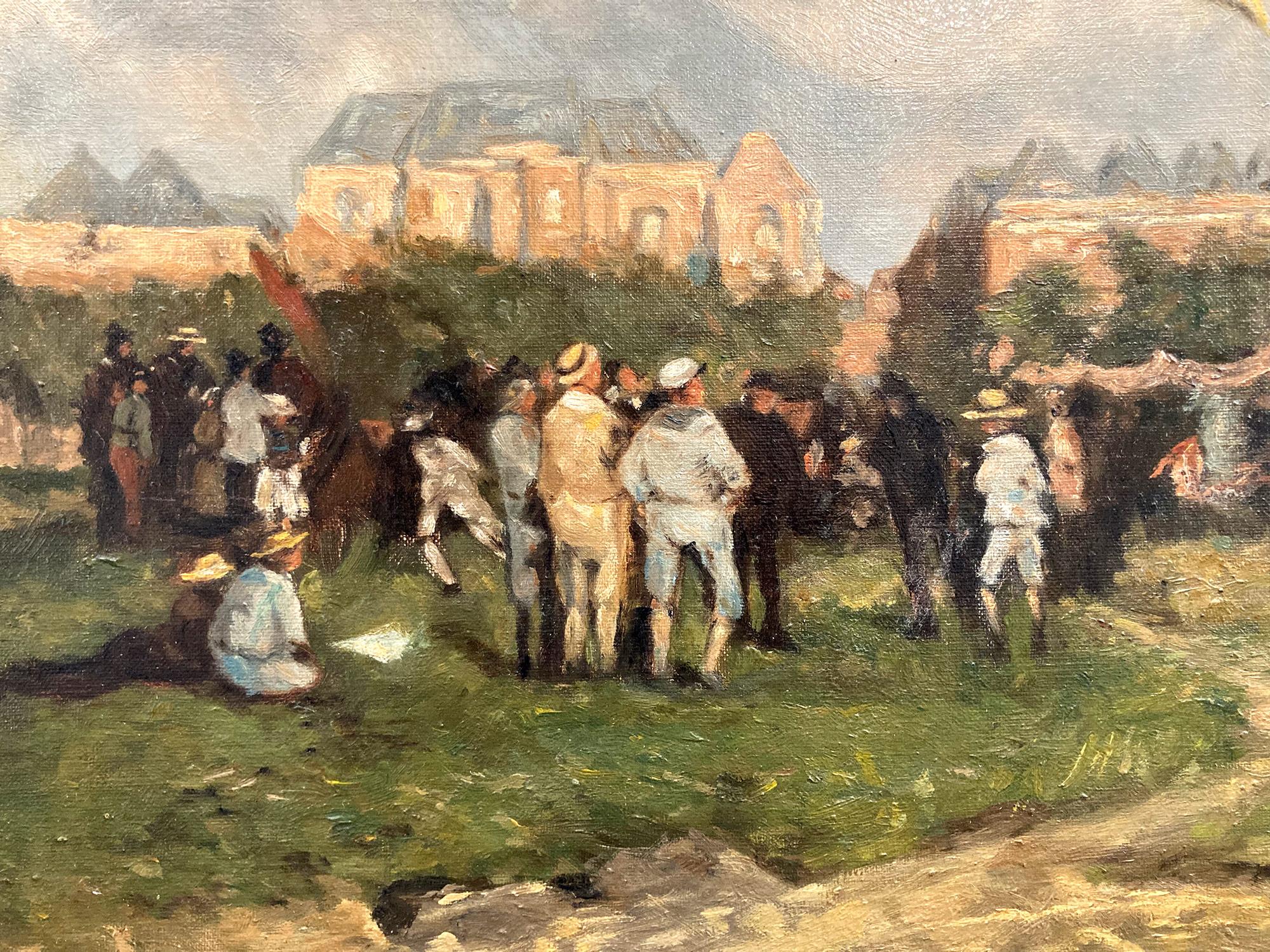 A masterful oil painting depicting a view of the British Country Side with figures flying kites on a spectacular day. A rich landscape depicting a typical 20th century scene from daily life, a peaceful emotion is felt through out. This piece is an