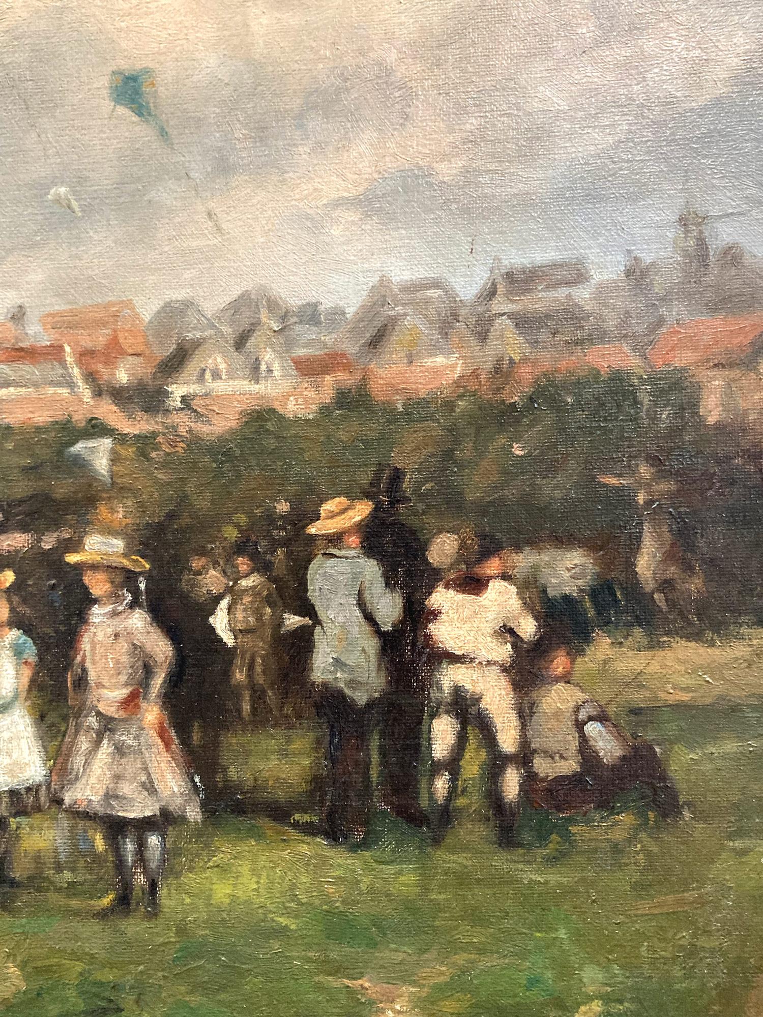 „Day Flying Kites“ Britisches impressionistisches Ölgemälde mit Figuren, Britische Landschaftsseite  im Angebot 3