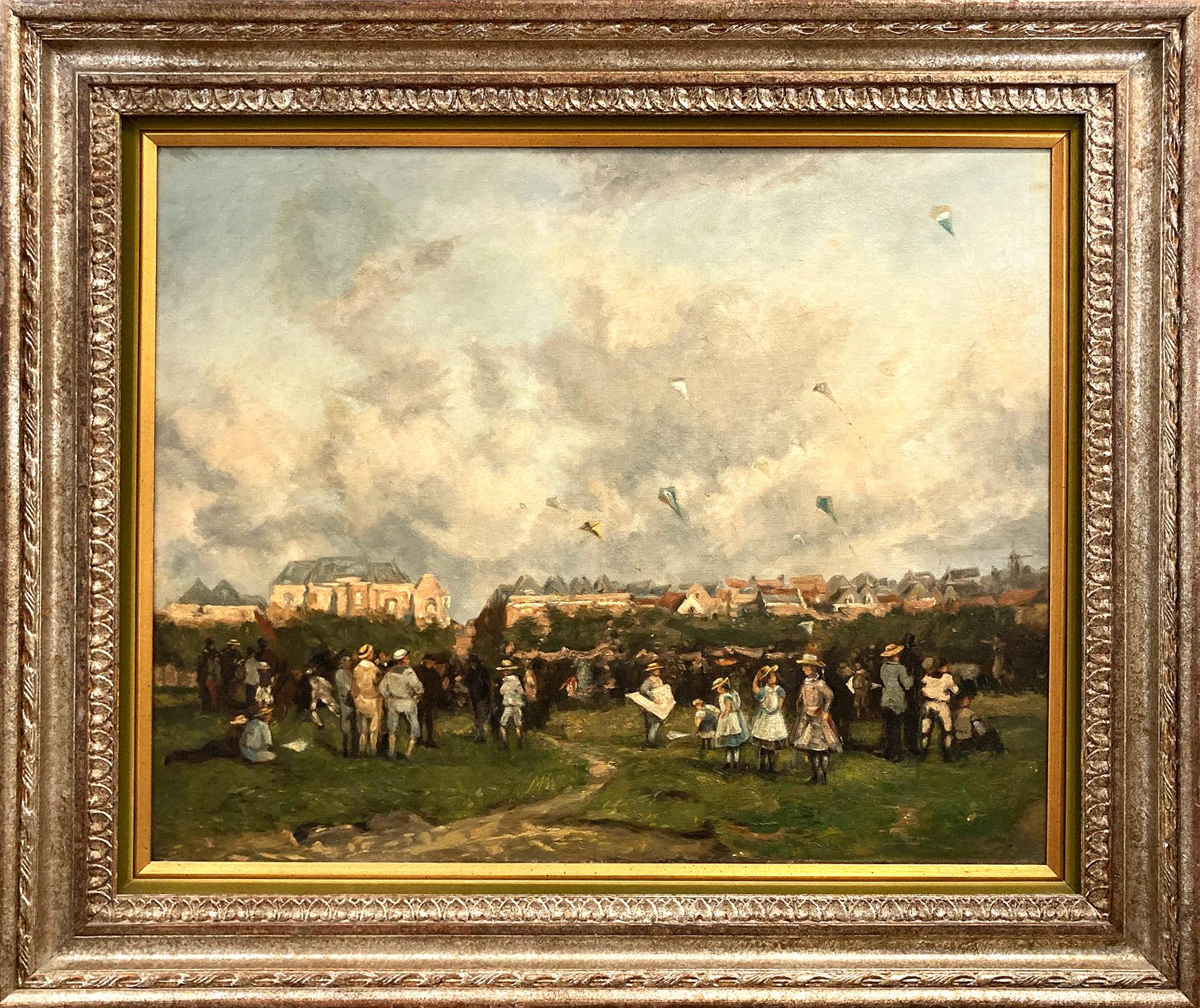 Unknown Figurative Painting – „Day Flying Kites“ Britisches impressionistisches Ölgemälde mit Figuren, Britische Landschaftsseite 