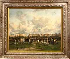 "Day Flying Kites" British Country Side Impressionist Oil Painting with Figures