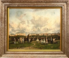 "Day Flying Kites" British Country Side Impressionist Oil Painting with Figures 