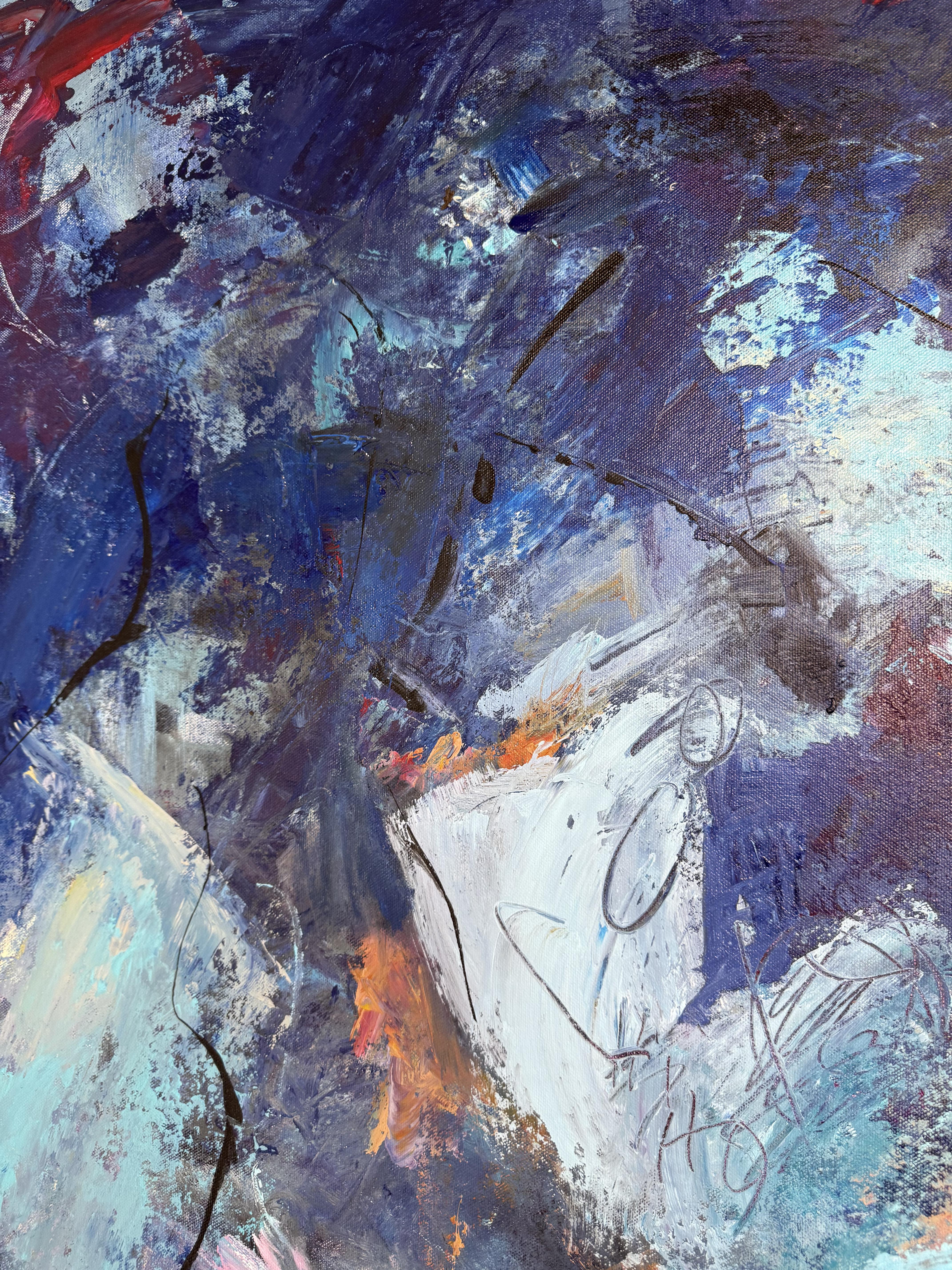 Cette peinture abstraite de 52x52 vous invite à vous perdre dans une mer de bleus et de violets, qui se fondent en vagues fluides et hypnotiques. Les tons doux et profonds créent un sentiment de calme, tandis que les coups de pinceau expressifs