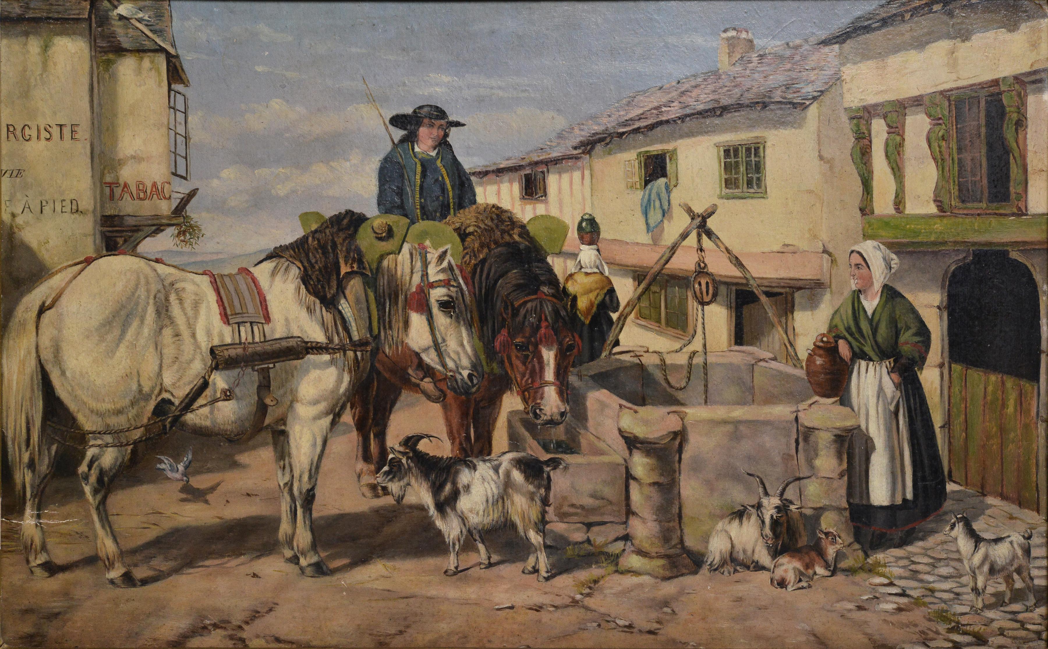 Daytime Watering Hole at Well in French Village 19th Century Oil Painting - Brown Animal Painting by Unknown