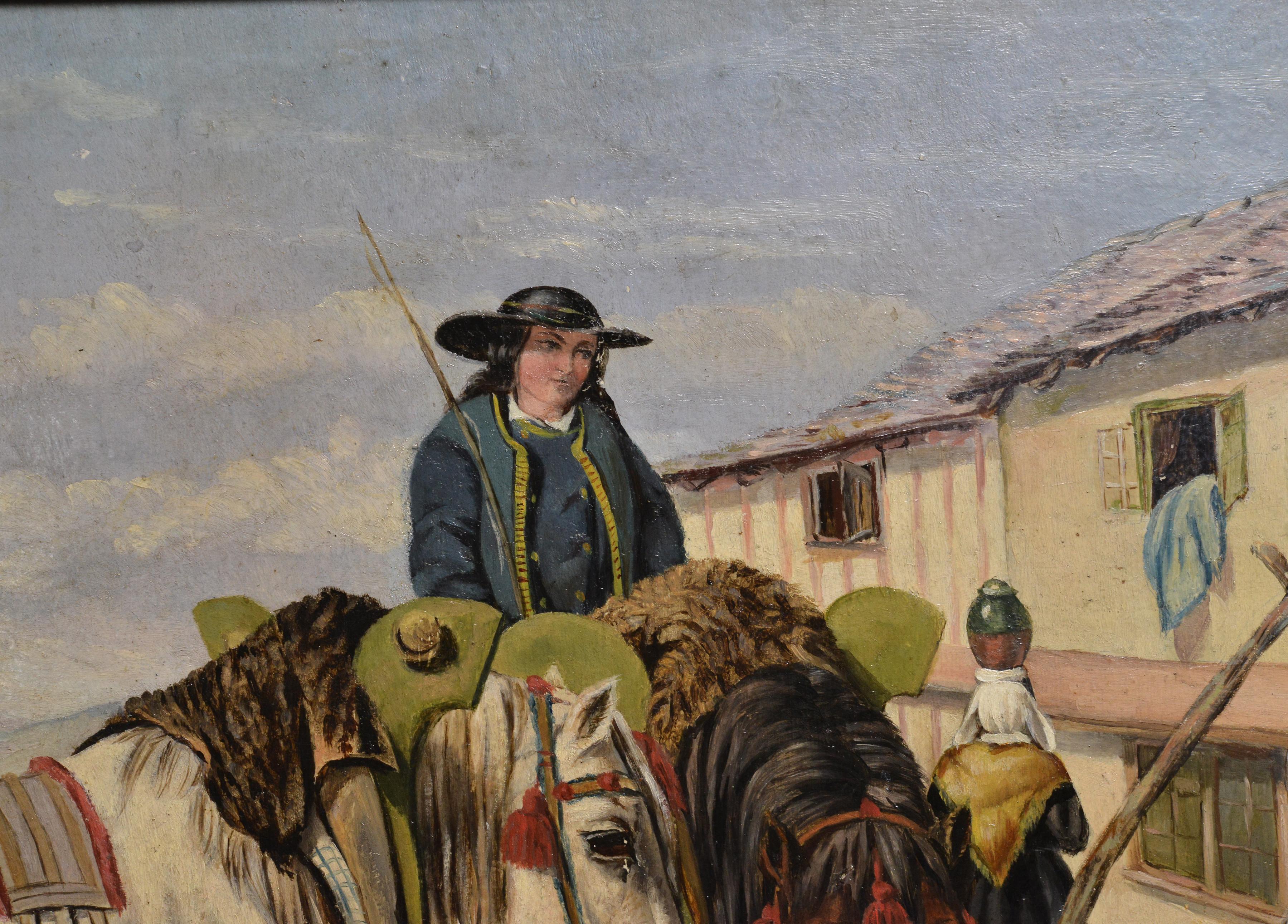 Peinture à l'huile du 19e siècle représentant un trou d'eau de jour dans un village français - Réalisme Painting par Unknown