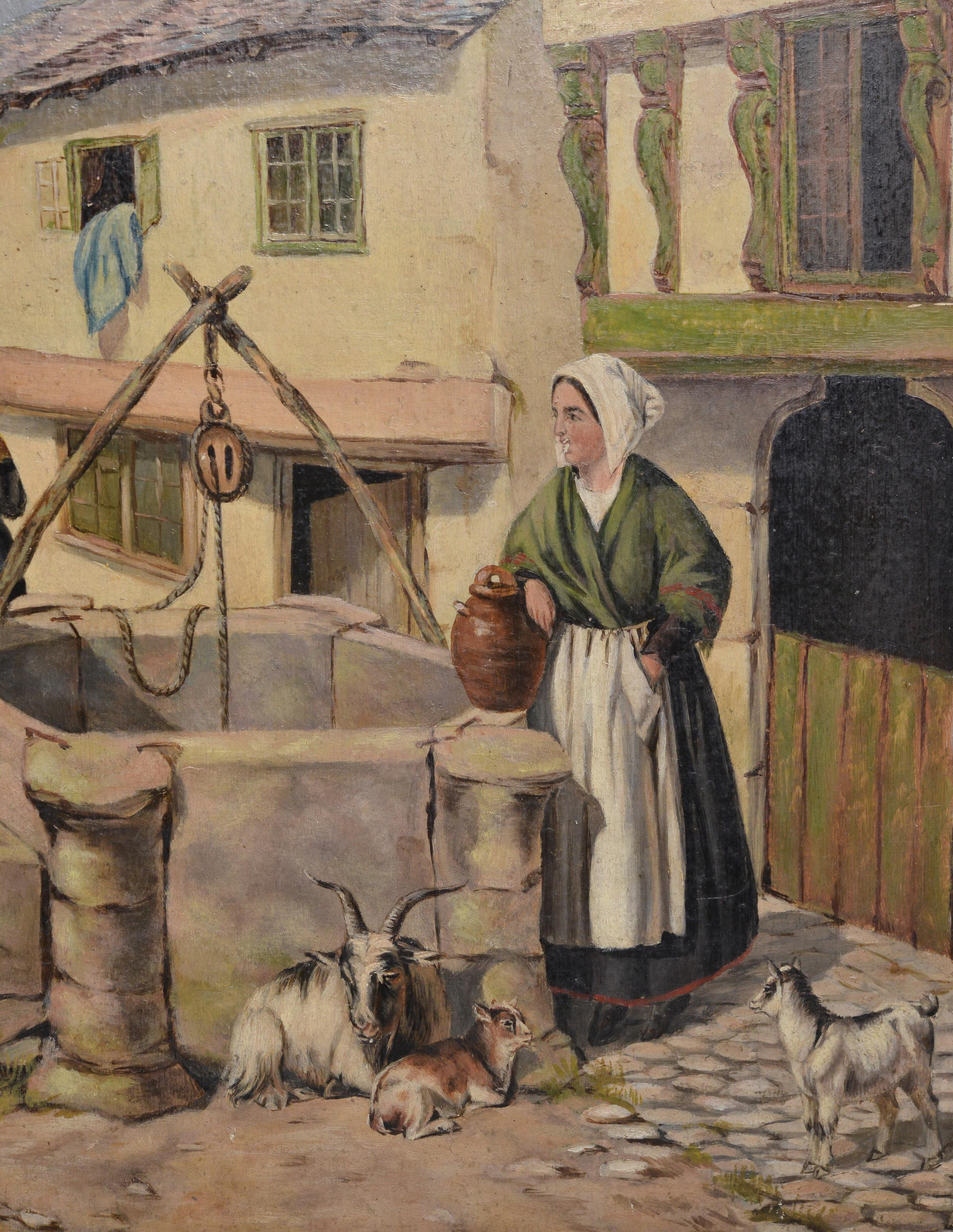 Peinture à l'huile du 19e siècle représentant un trou d'eau de jour dans un village français - Marron Animal Painting par Unknown