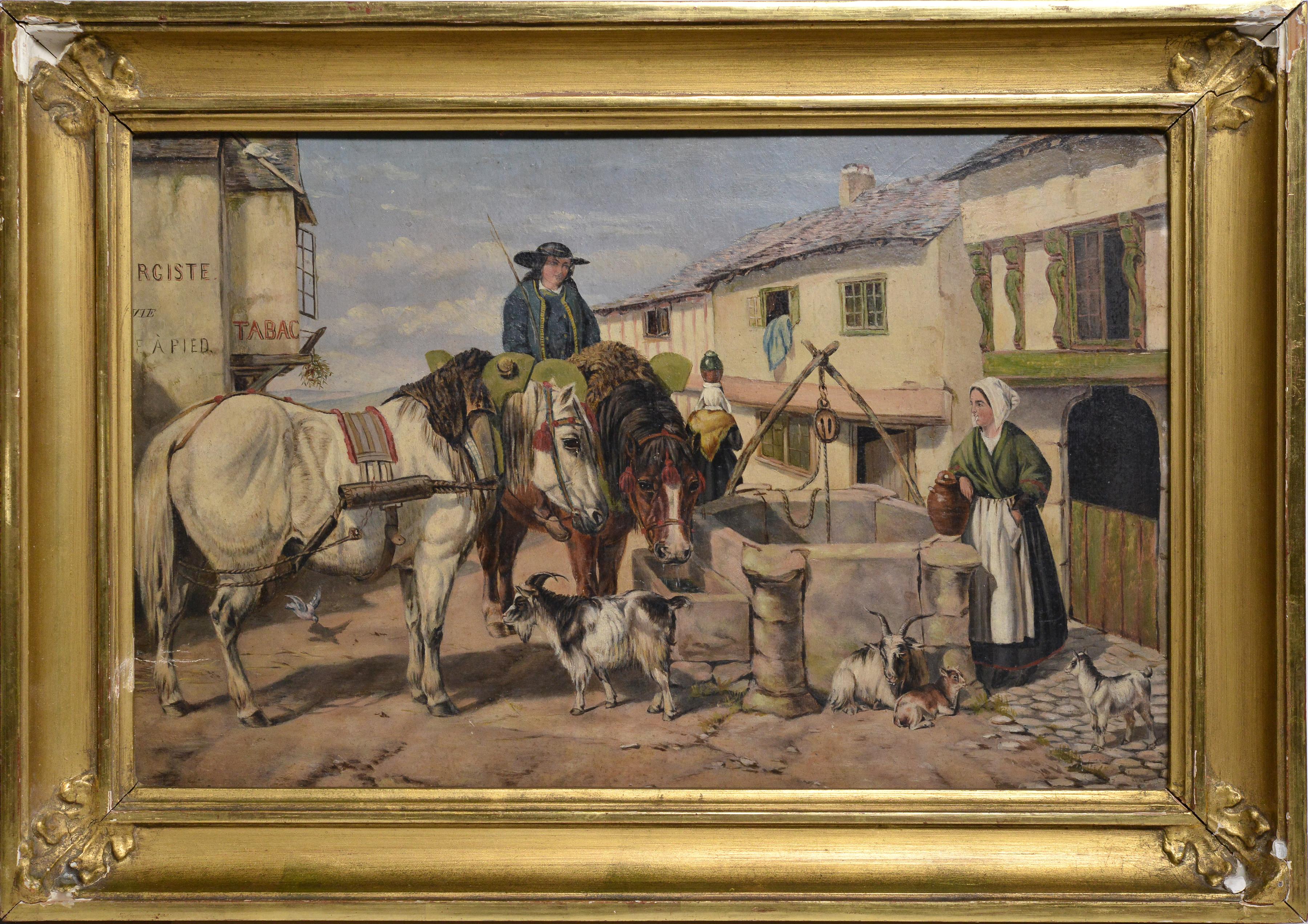 Animal Painting Unknown - Peinture à l'huile du 19e siècle représentant un trou d'eau de jour dans un village français