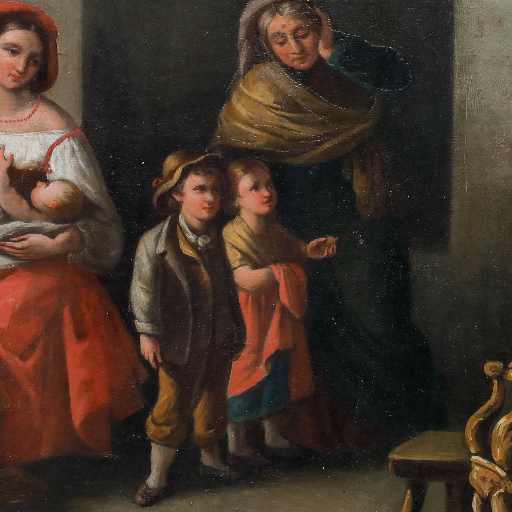 This atmospheric painting depicts a rustic interior scene, with figures gathered around a large fireplace that dominates the composition. The artist skilfully uses light and shadow to create depth and focus attention on the central group, while