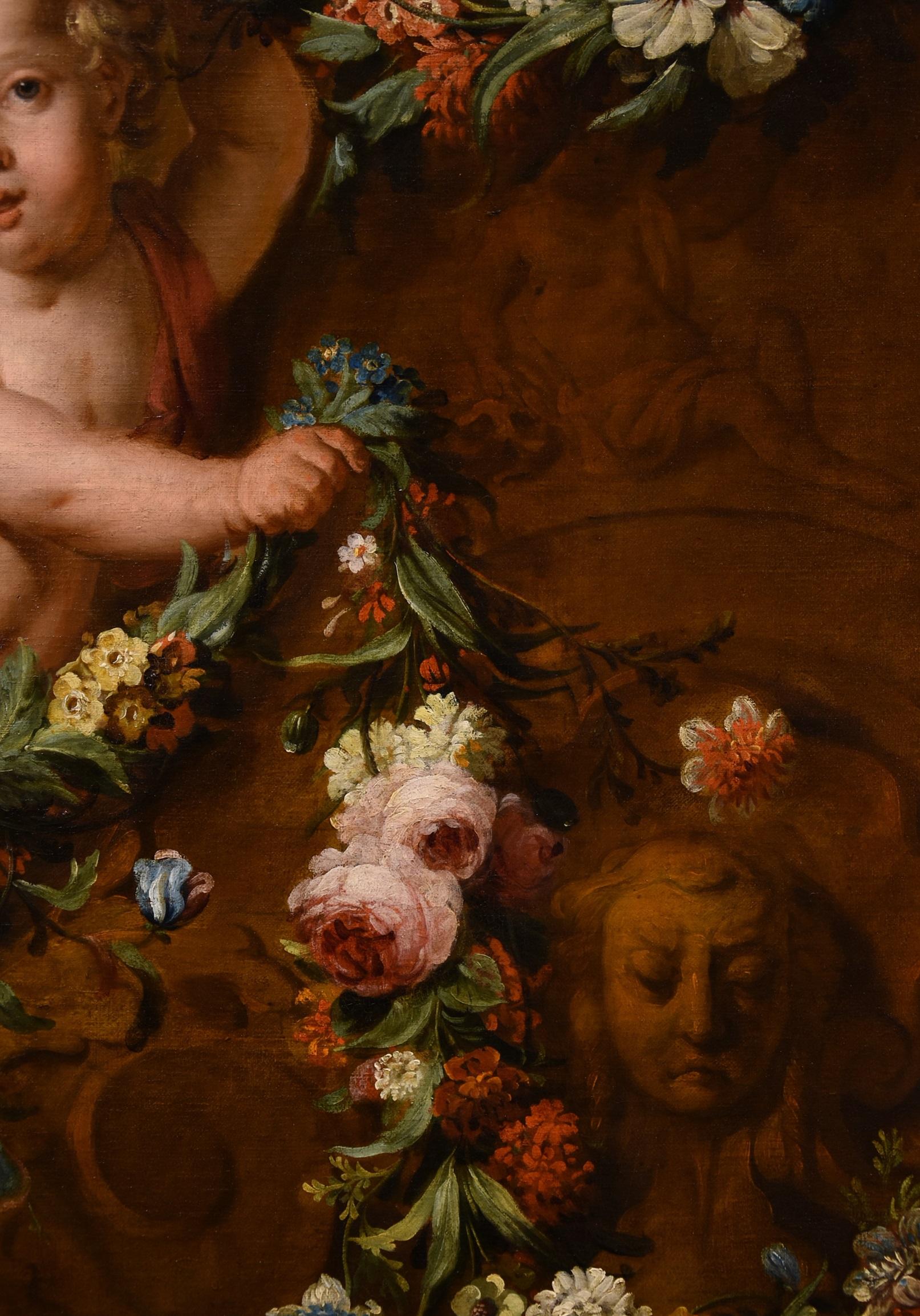 De Wit Flowers Still life Paint Oil on canvas 18th Century Flemish Cupids Art For Sale 7