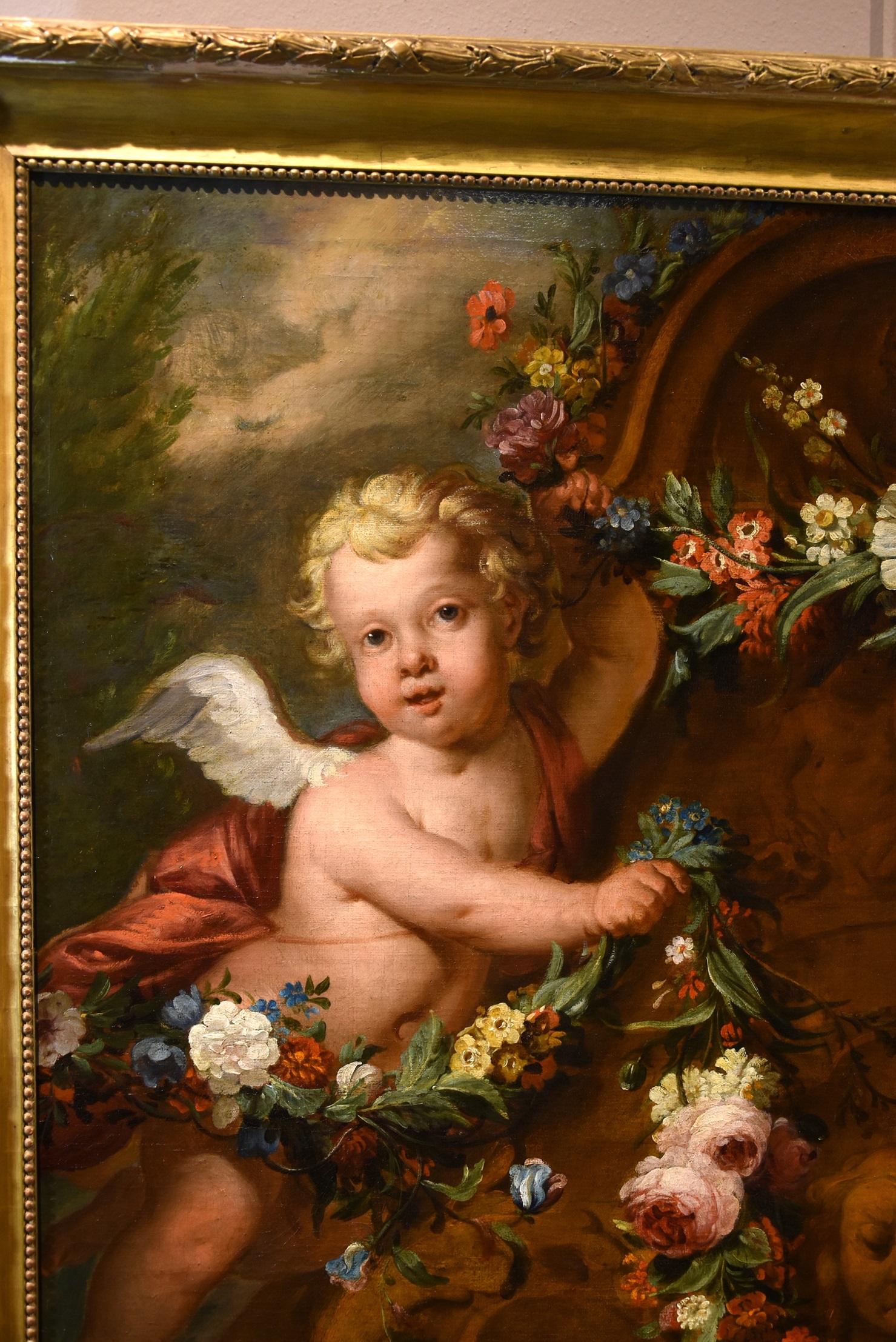 De Wit Flowers Still life Paint Oil on canvas 18th Century Flemish Cupids Art For Sale 8