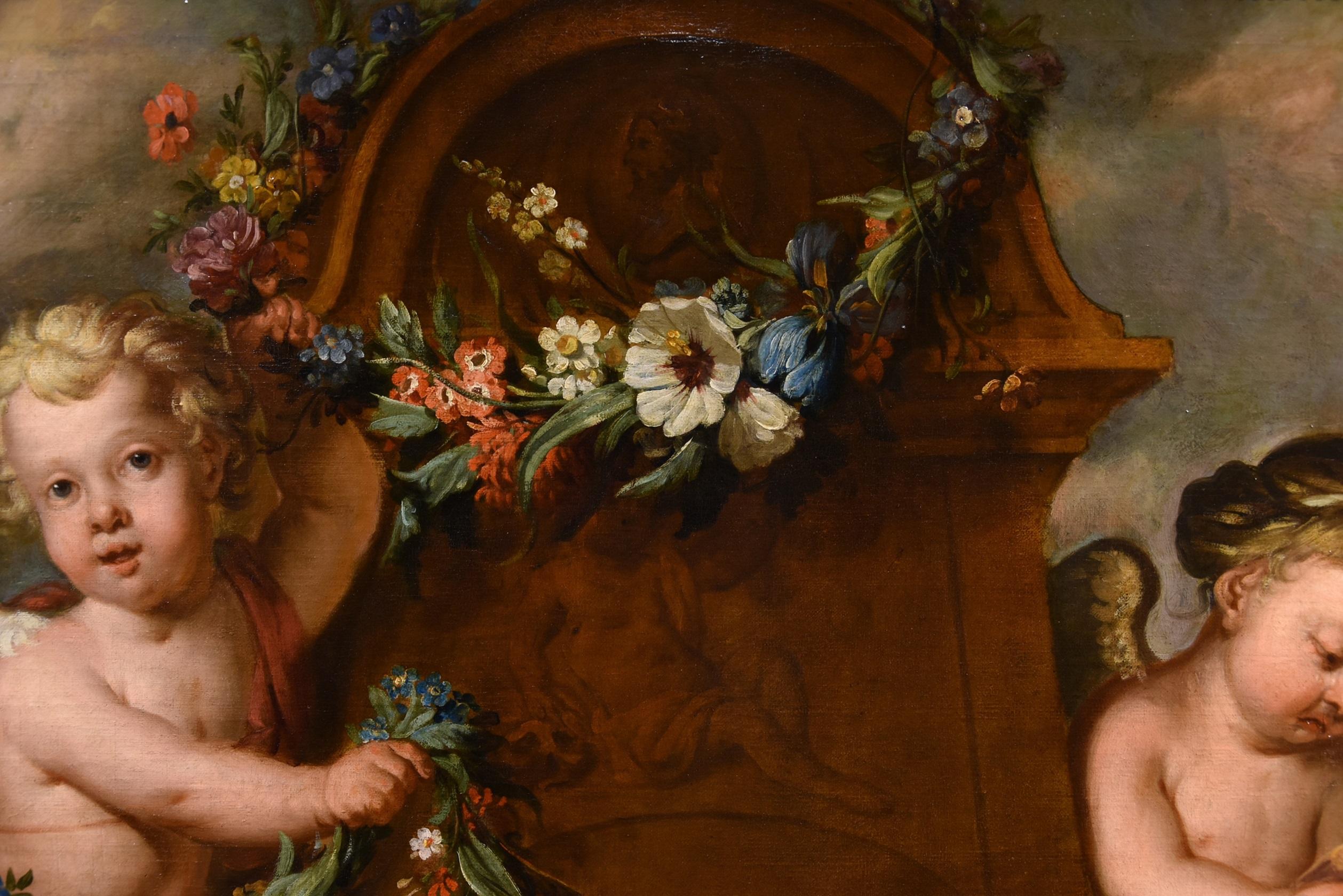 De Wit Flowers Still life Paint Oil on canvas 18th Century Flemish Cupids Art For Sale 9