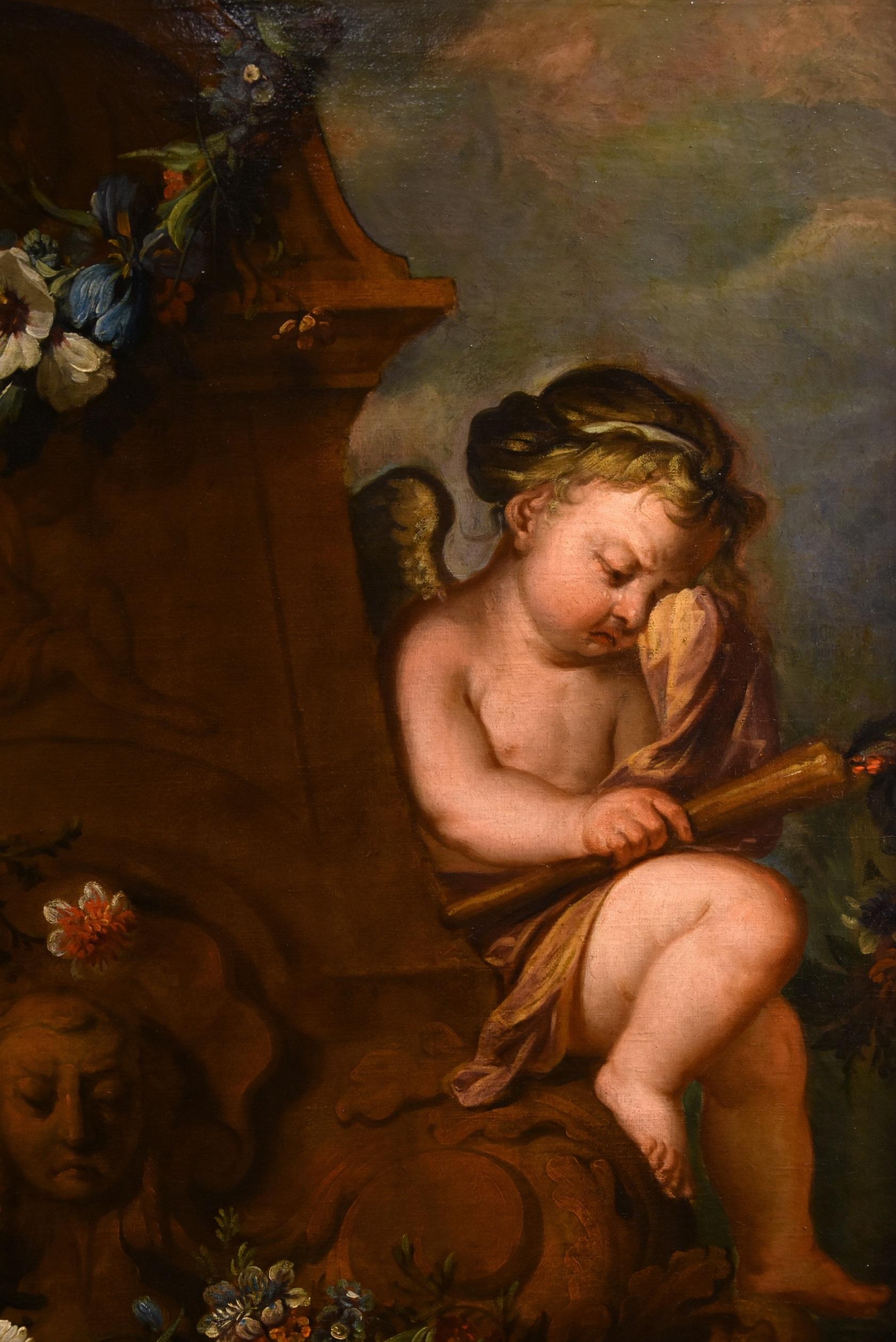 De Wit Flowers Still life Paint Oil on canvas 18th Century Flemish Cupids Art For Sale 10