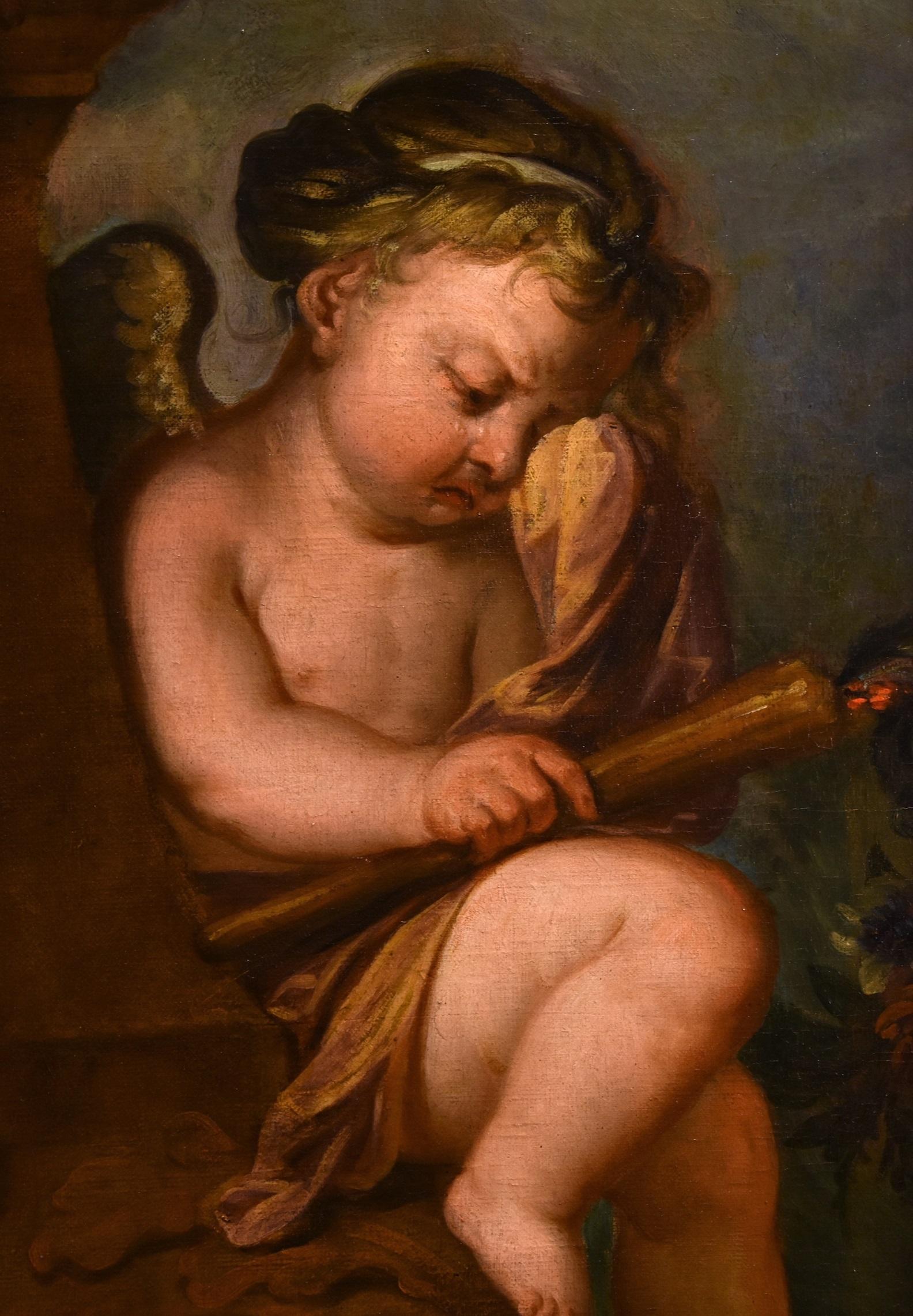 De Wit Blumenstillleben Gemälde Öl auf Leinwand 18. Jahrhundert Flemish Cupids Art im Angebot 11