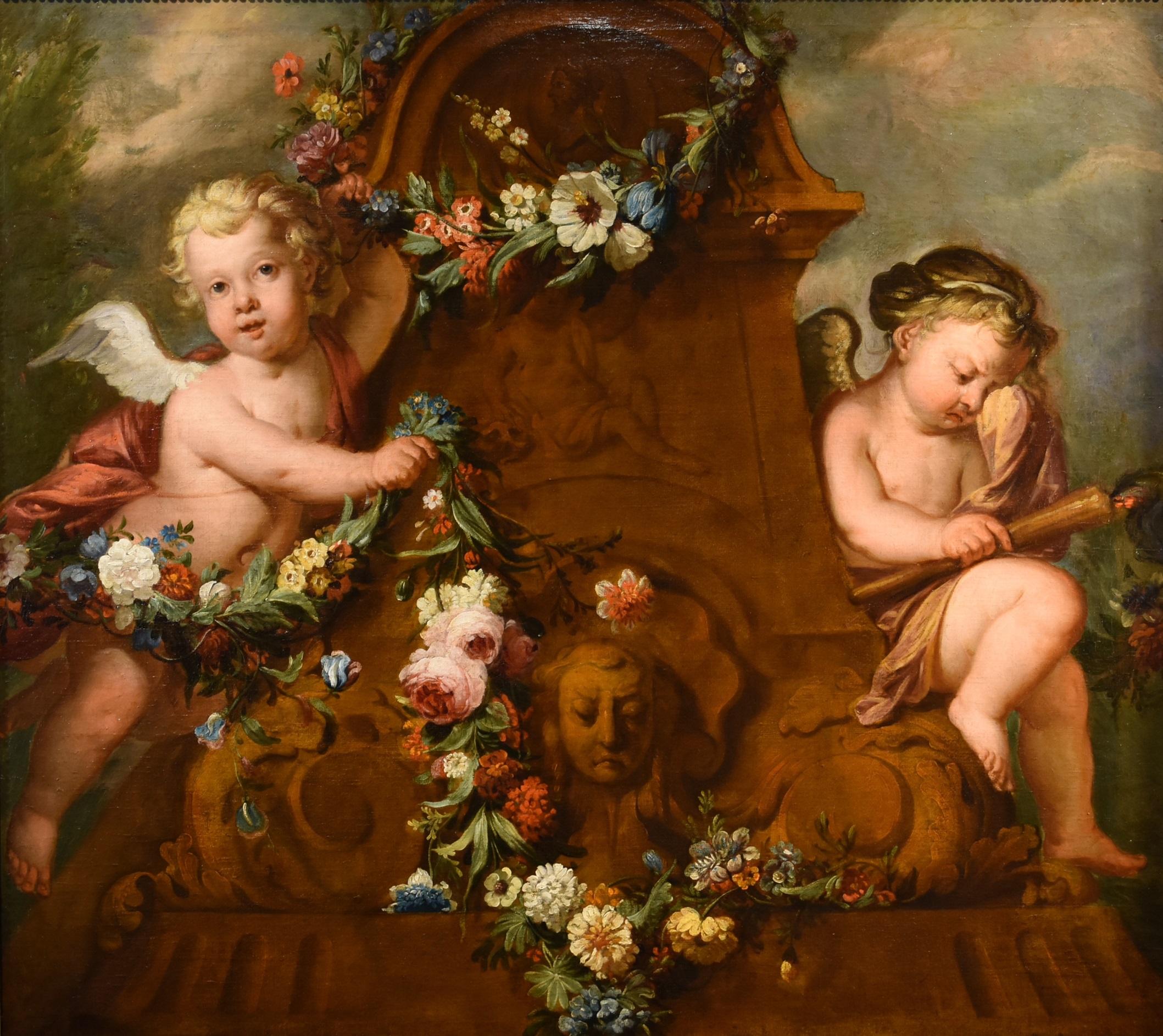 De Wit Nature morte aux fleurs Huile sur toile 18e siècle Art flamand Cupids - Maîtres anciens Painting par Jacob De Wit (Amsterdam, 1695 - 1754)