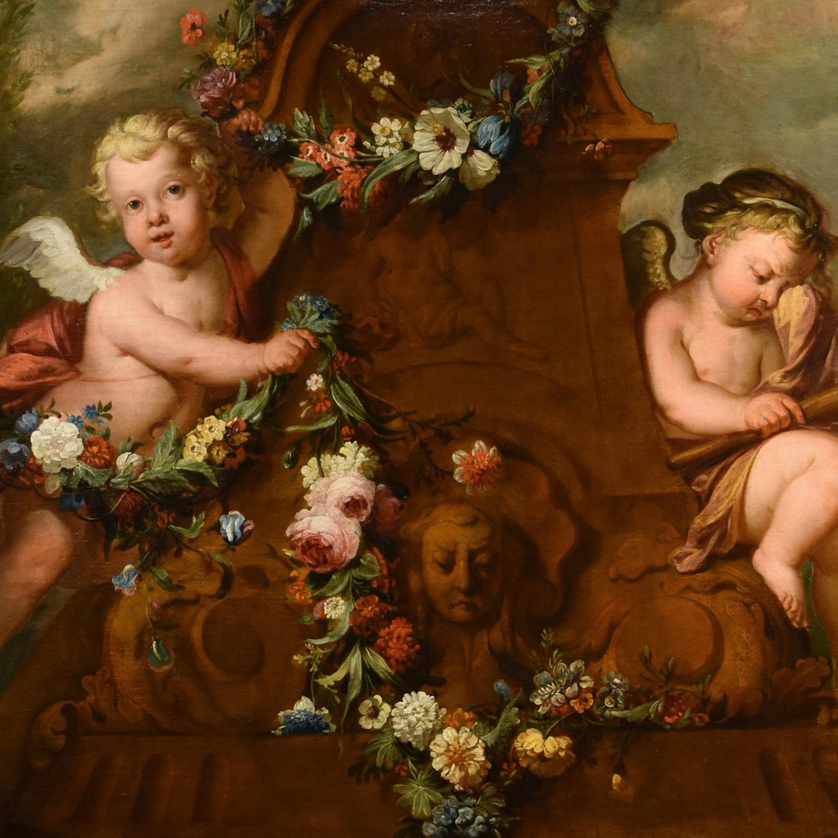 De Wit Nature morte aux fleurs Huile sur toile 18e siècle Art flamand Cupids en vente 1