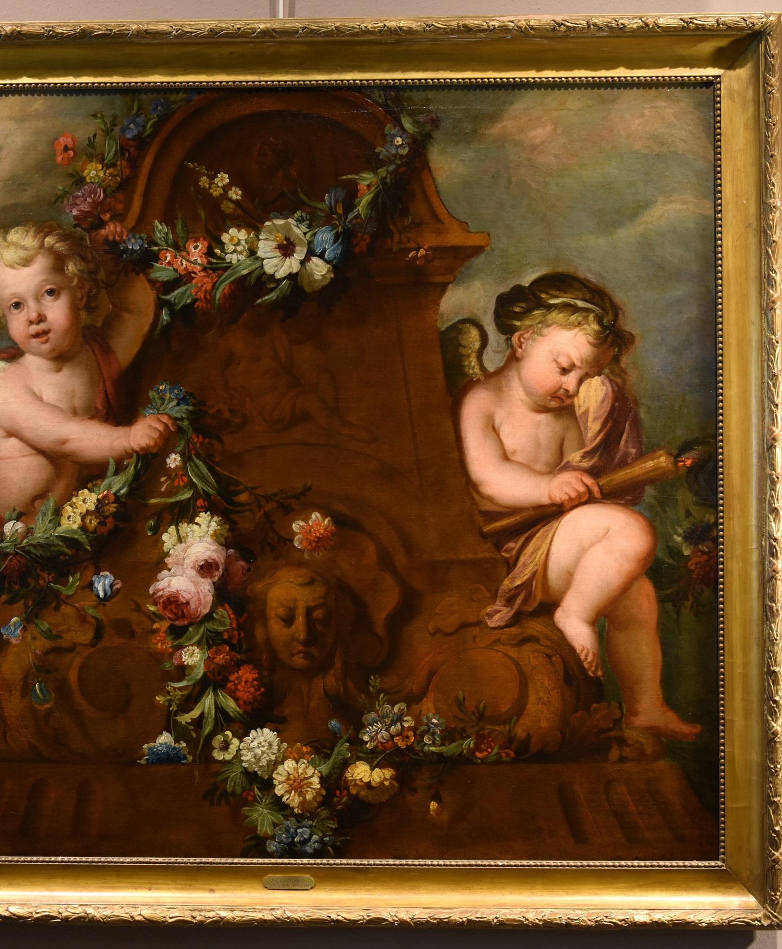 De Wit Flowers Still life Paint Oil on canvas 18th Century Flemish Cupids Art For Sale 2