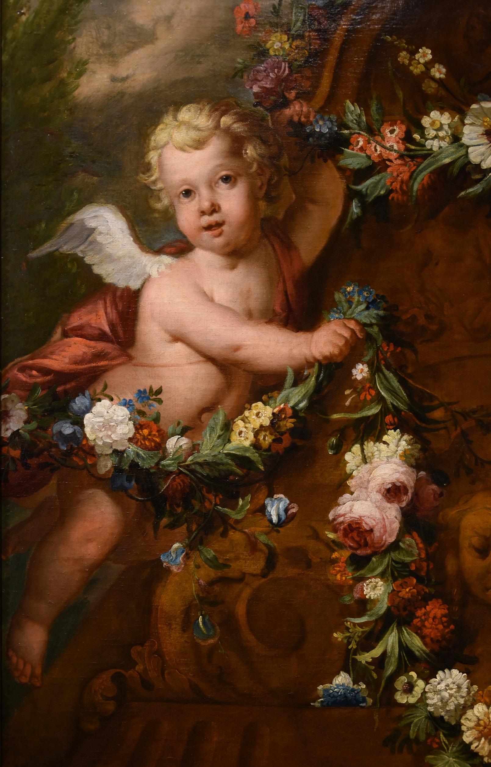 De Wit Flowers Still life Paint Oil on canvas 18th Century Flemish Cupids Art For Sale 4