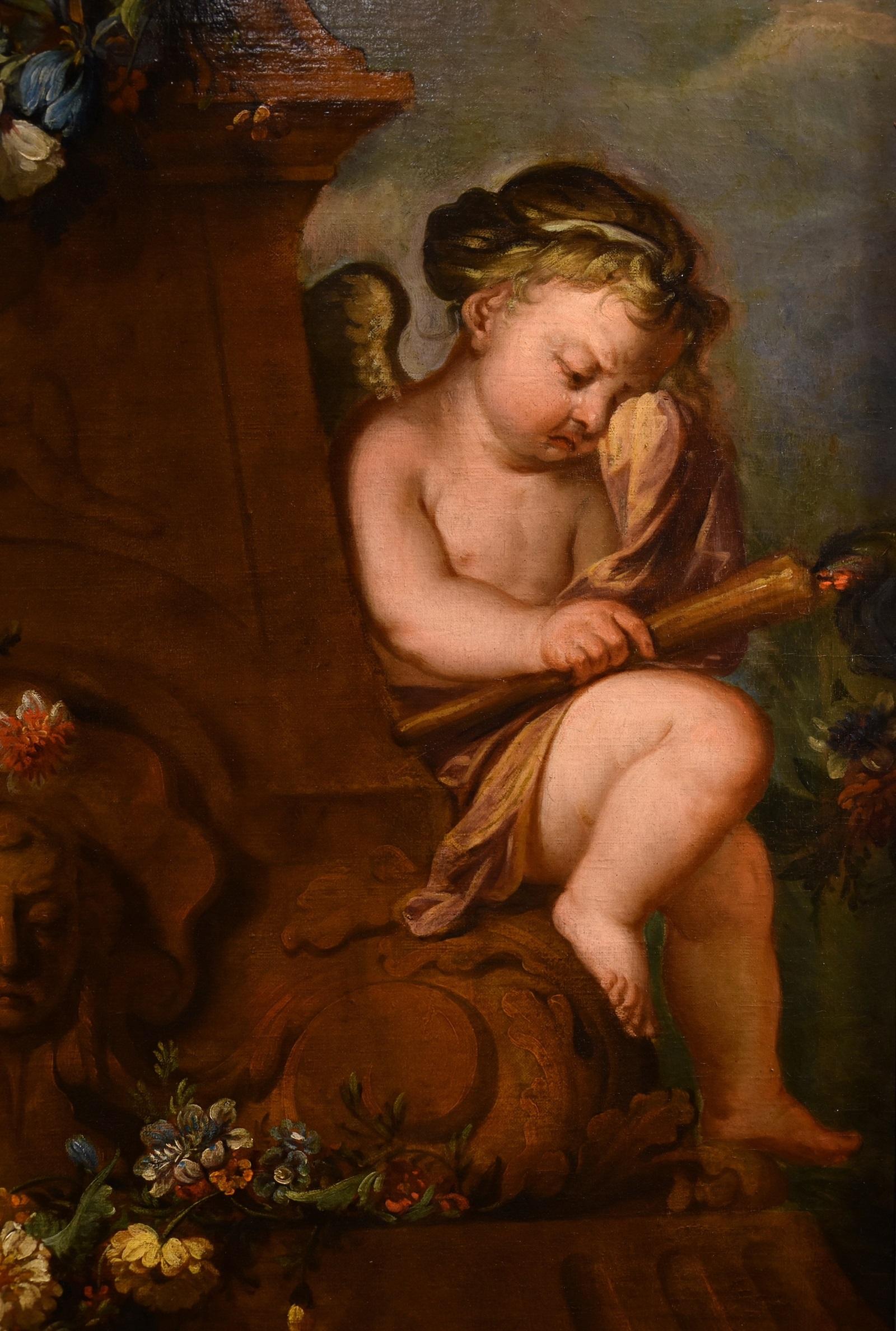 De Wit Blumenstillleben Gemälde Öl auf Leinwand 18. Jahrhundert Flemish Cupids Art im Angebot 5