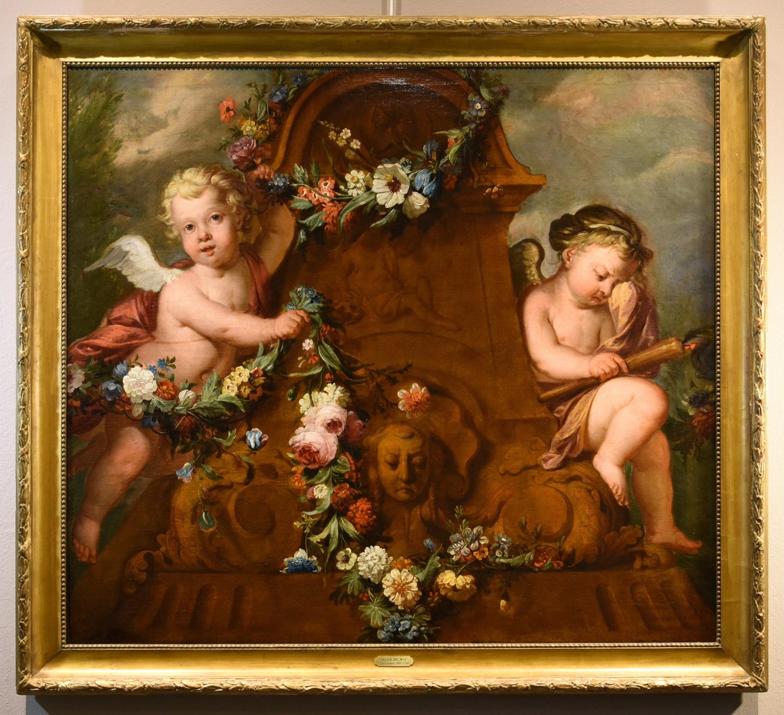 De Wit Blumenstillleben Gemälde Öl auf Leinwand 18. Jahrhundert Flemish Cupids Art – Painting von Jacob De Wit (Amsterdam, 1695 - 1754)