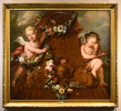 Antique De Wit Flowers Still life Paint Oil on canvas 18th Century Flemish Cupids Art