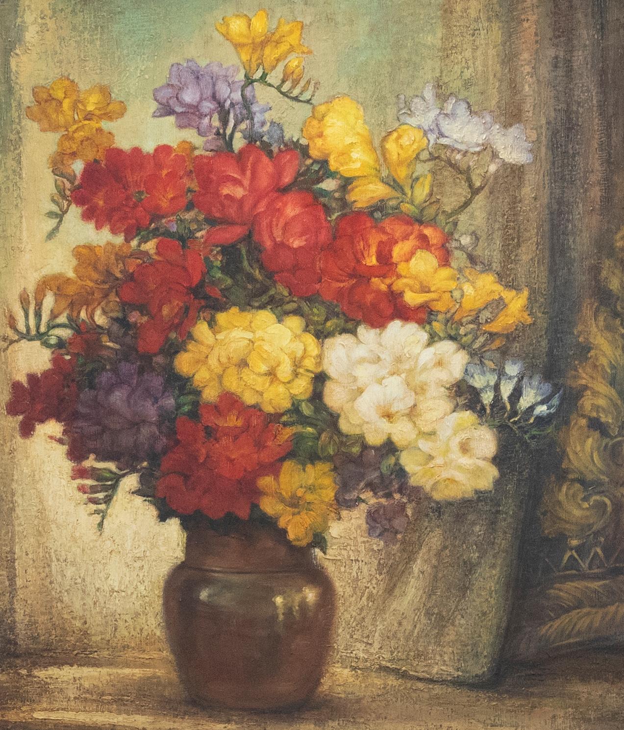Debrier - Framed Contemporary Oil, Still Life of Flowers - Painting by Unknown