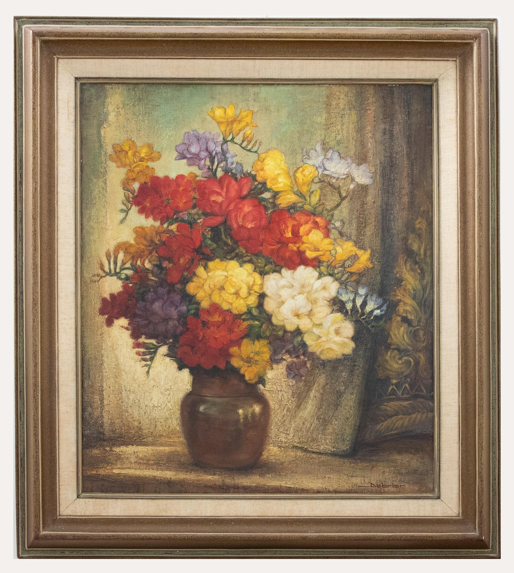Unknown Still-Life Painting - Debrier - Framed Contemporary Oil, Still Life of Flowers