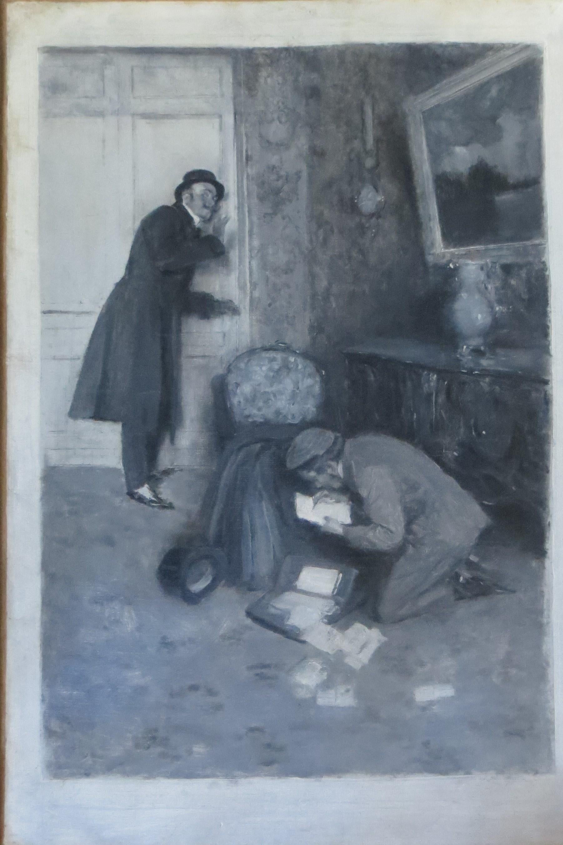 Oil on canvas probably representing a finding of adultery at the end of the 19th century. The scene is painted with many details in a camaieux of gray colors . The edges of the painting  in white to emphasize the scene as a newspaper article. We