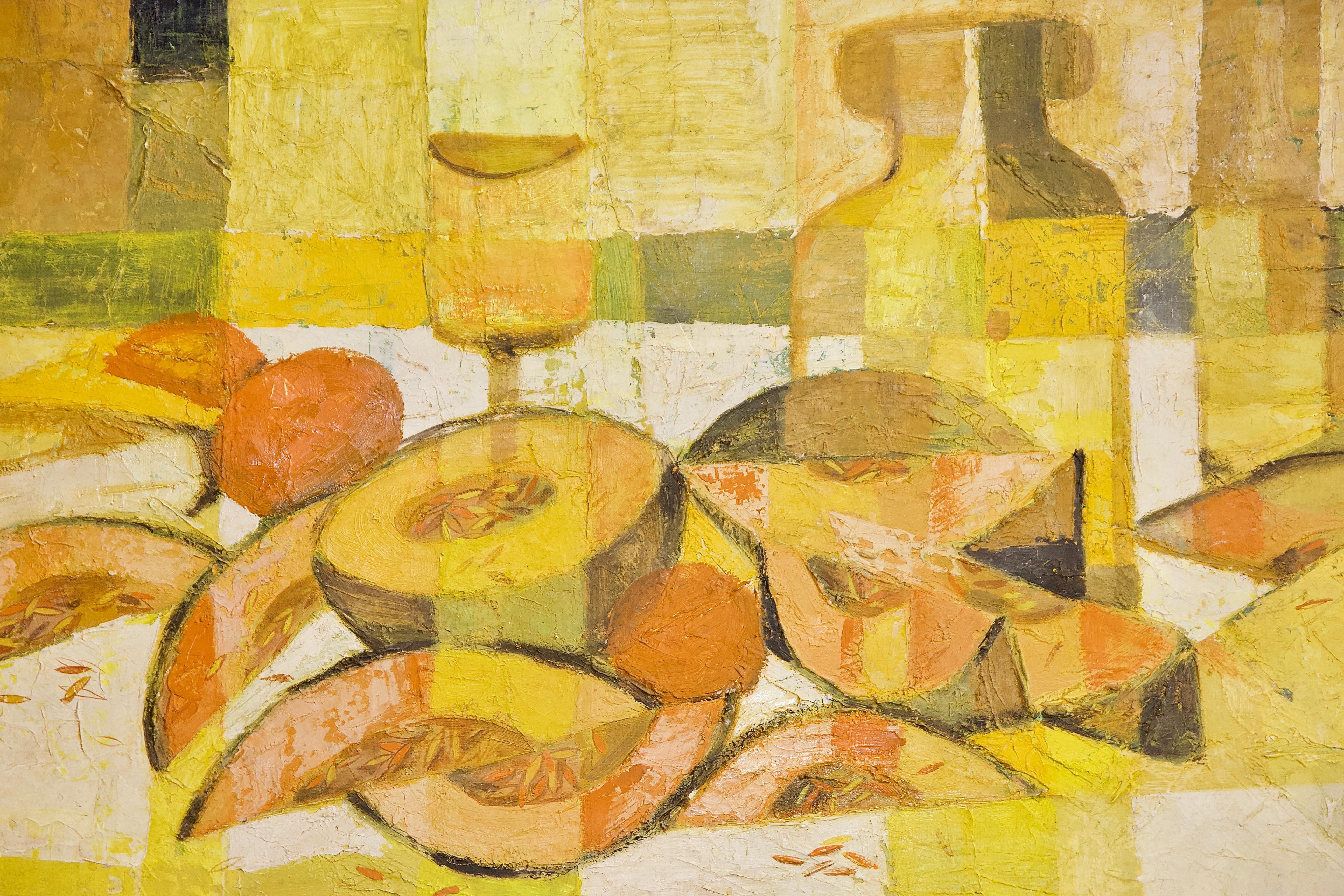 Peinture à l'huile décorative abstraite, nature morte cubique, avec melons à miel. - Cubisme Painting par Unknown