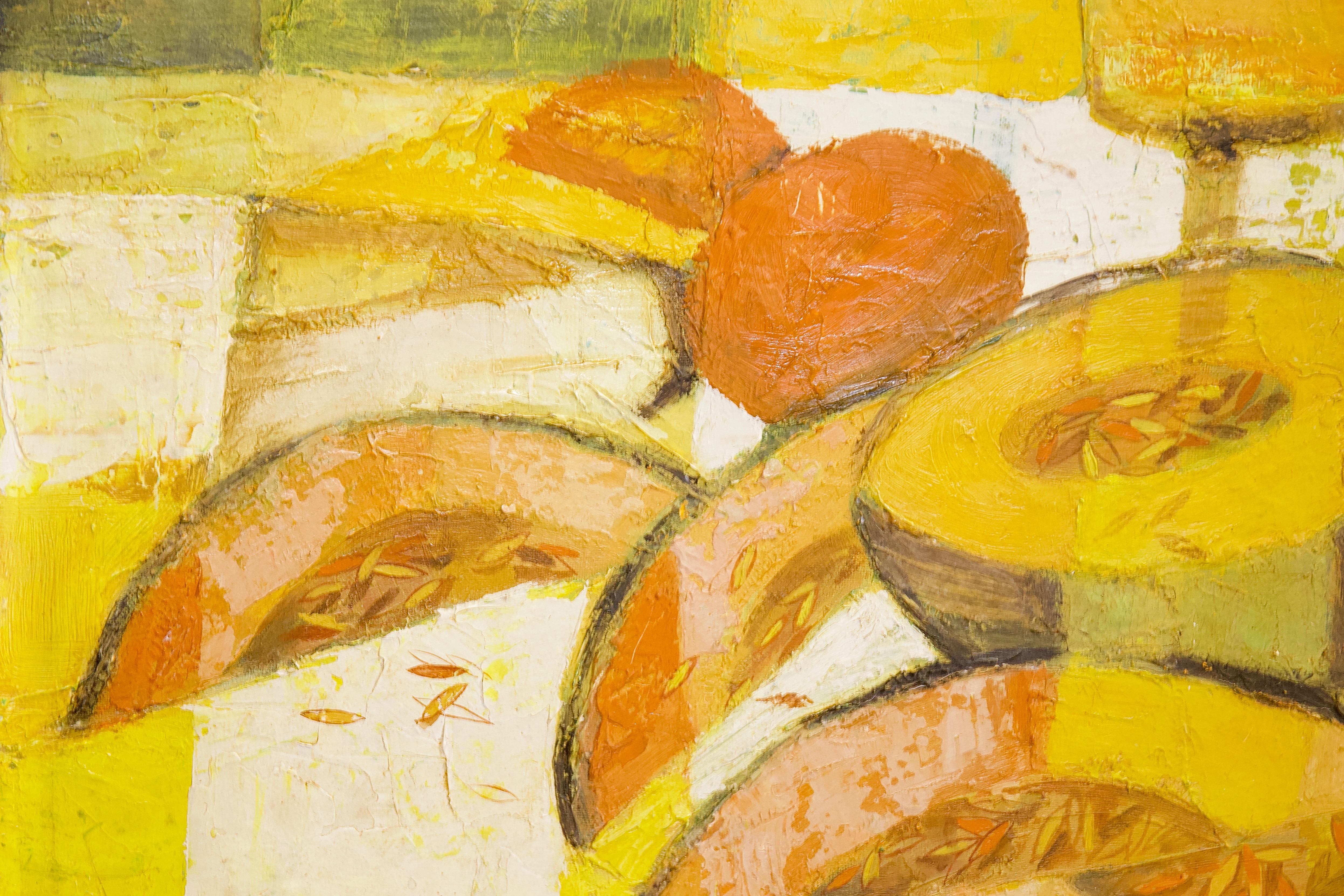 Dekoratives, abstraktes Ölgemälde, kubisches Stillleben, mit Honigflockenmelonen. (Gelb), Still-Life Painting, von Unknown
