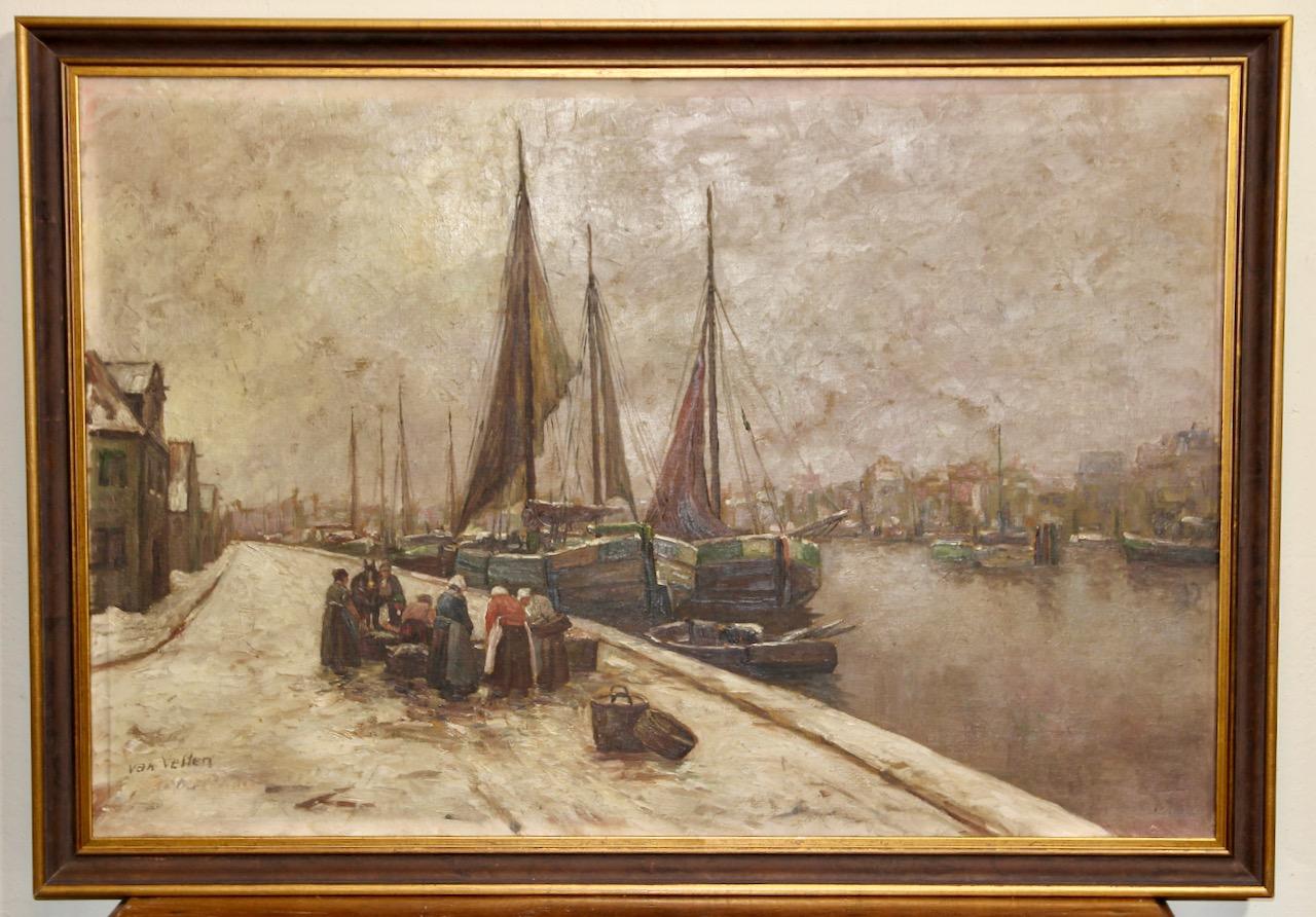 Decorative antique oil painting. Dutch harbor view in winter. Van Velten. - Painting by Unknown