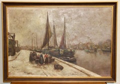 Decorative antique oil painting. Dutch harbor view in winter. Van Velten.