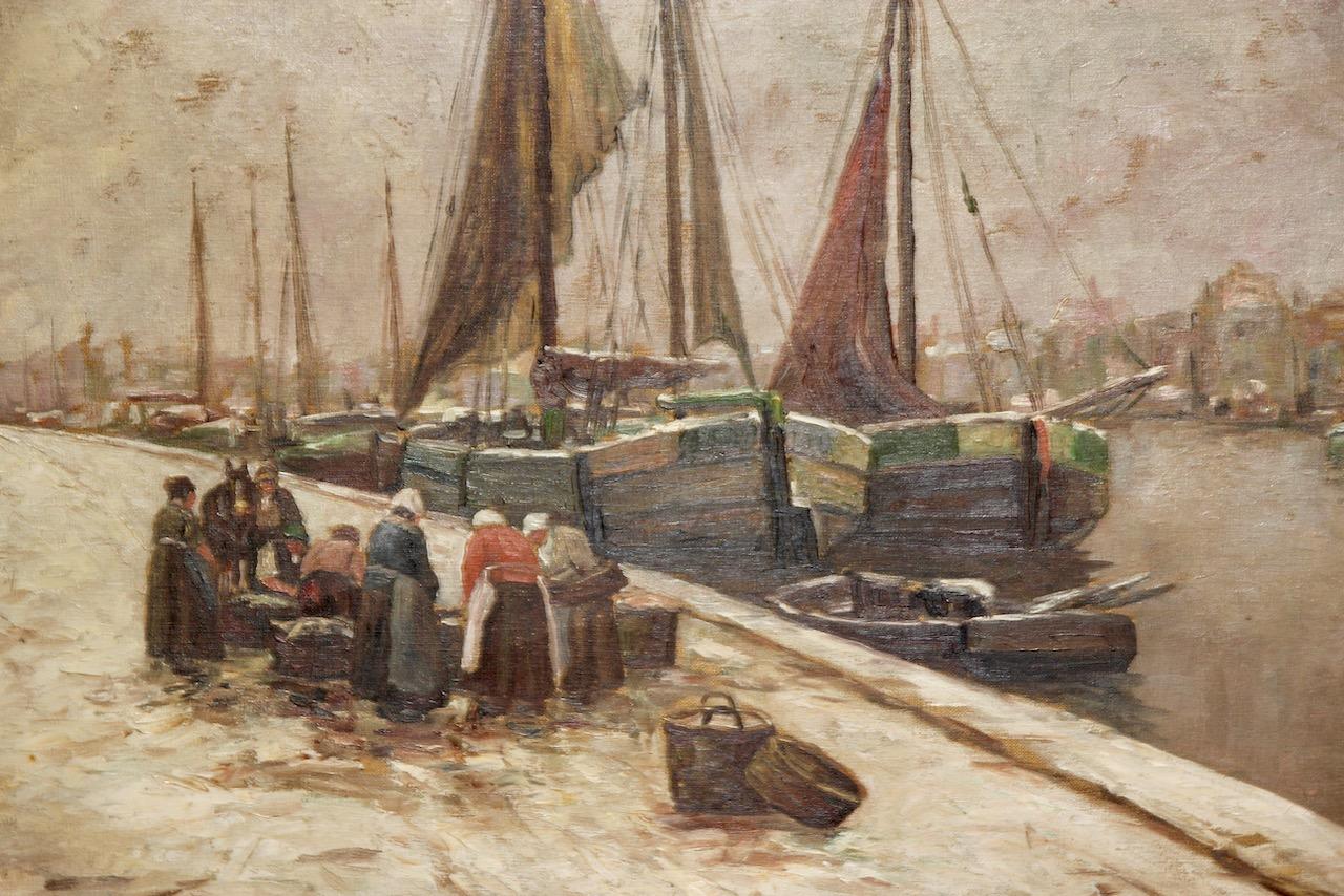 Decorative antique oil painting. Dutch harbor view in winter. Van Velten. For Sale 1