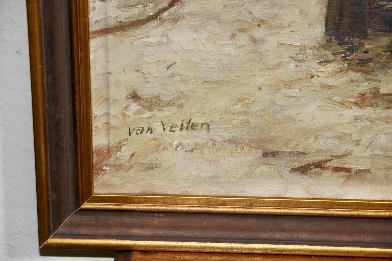 Decorative antique oil painting. Dutch harbor view in winter. Van Velten. For Sale 2
