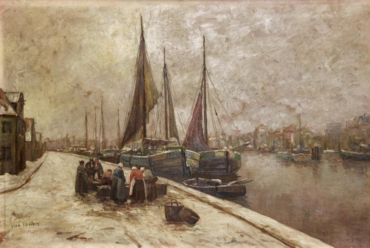 Unknown Landscape Painting – Dekoratives antikes Ölgemälde. Blick auf den holländischen Hafen im Winter. Van Velten.