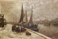 Peinture à l'huile décorative ancienne. Vue du port hollandais en hiver. Van Velten.