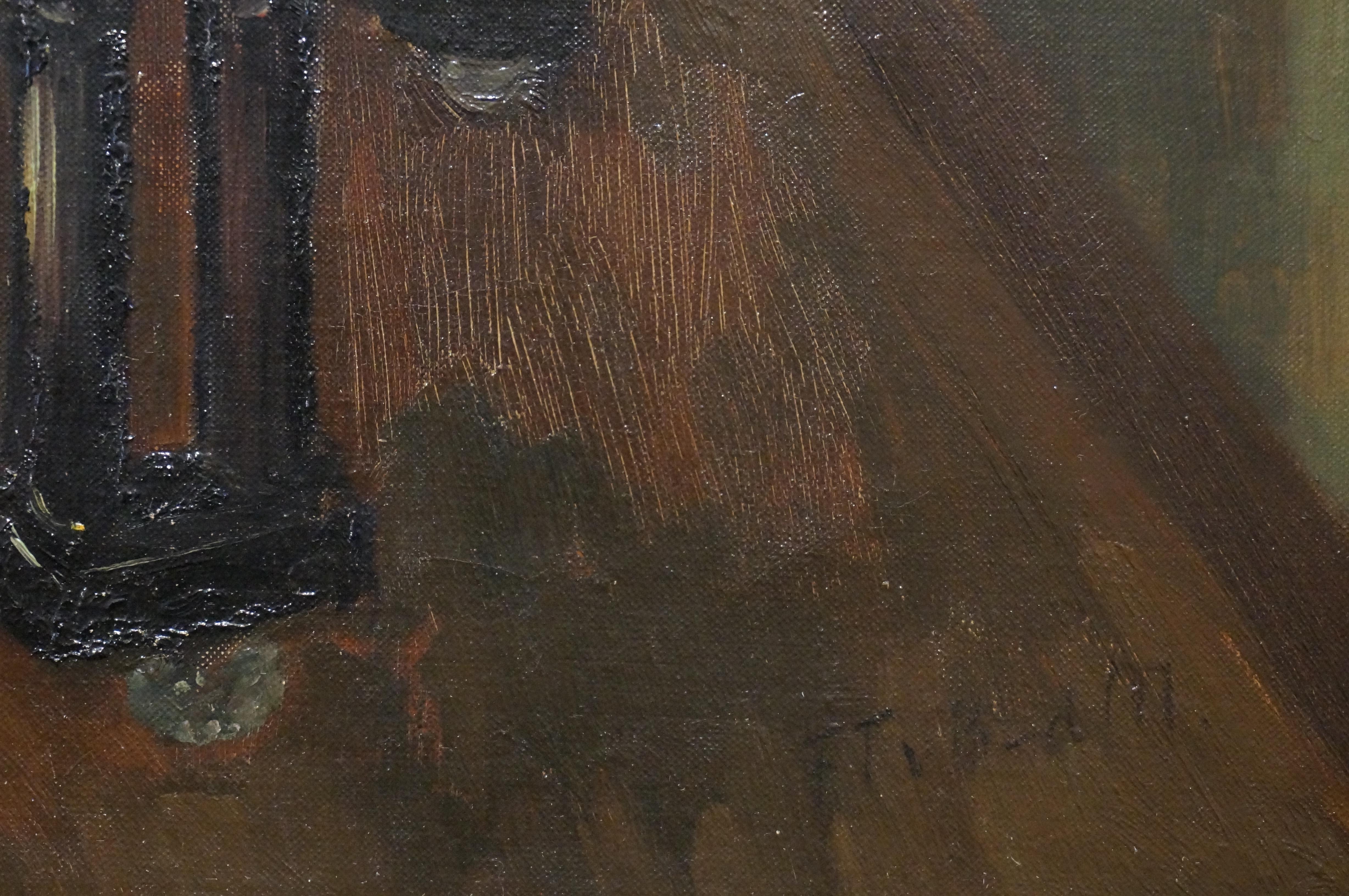 Cuadro antiguo decorativo al óleo sobre lienzo, interior con dama tocando el piano 7