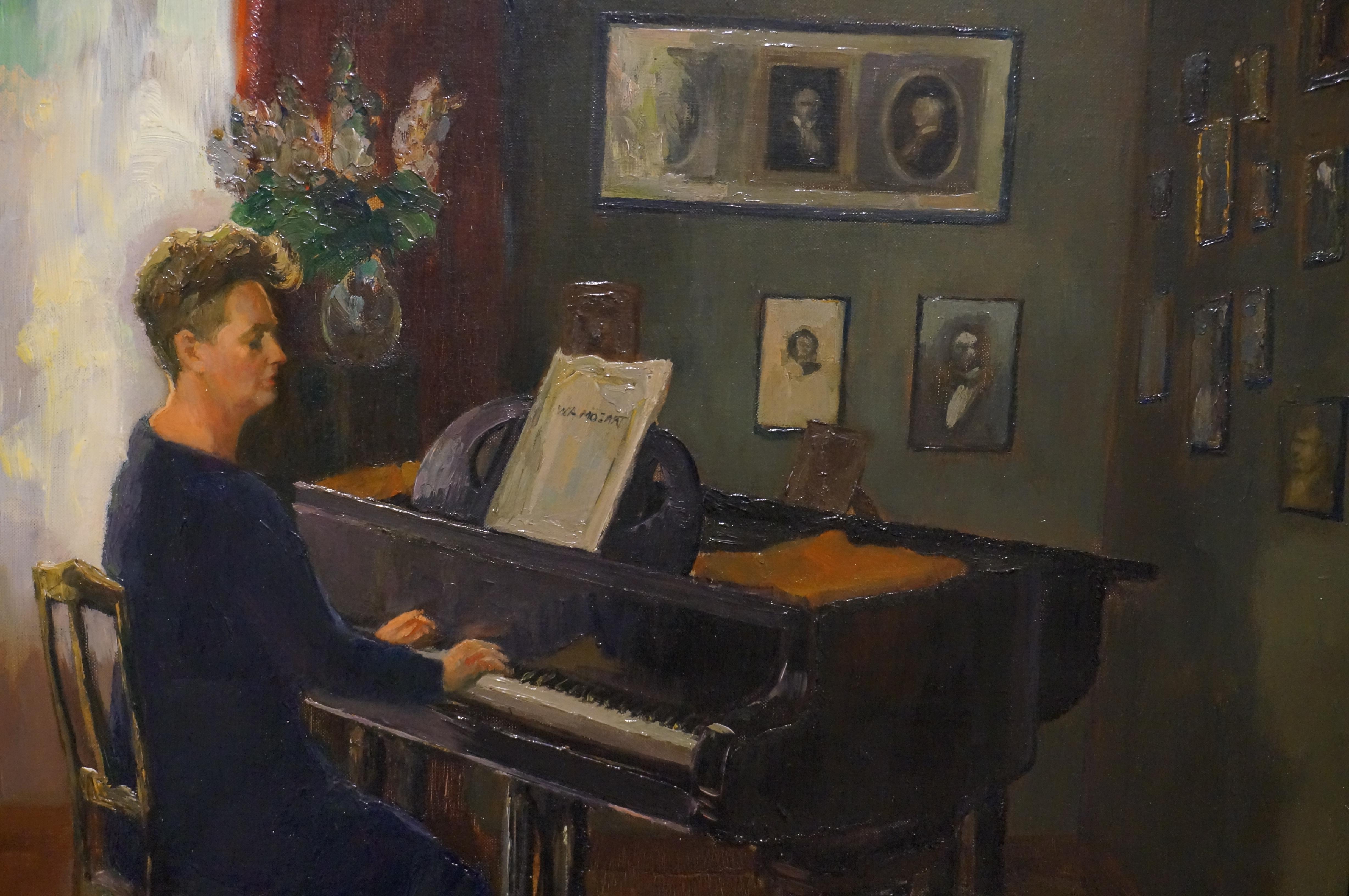 Decorative antique oil painting on canvas, interior with lady playing the piano - Painting by Unknown