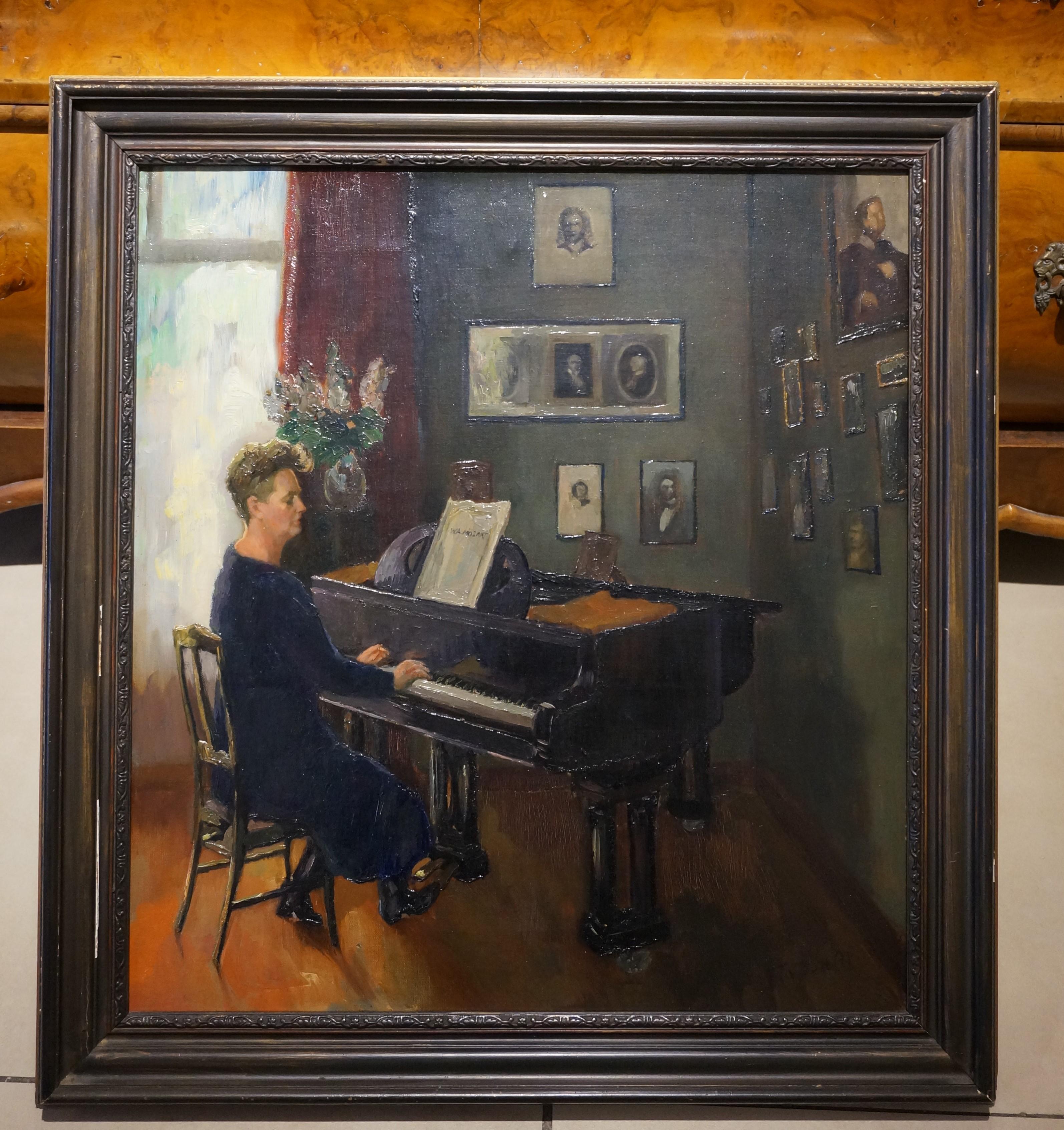 Decorative antique oil painting on canvas, interior with lady playing the piano For Sale 2