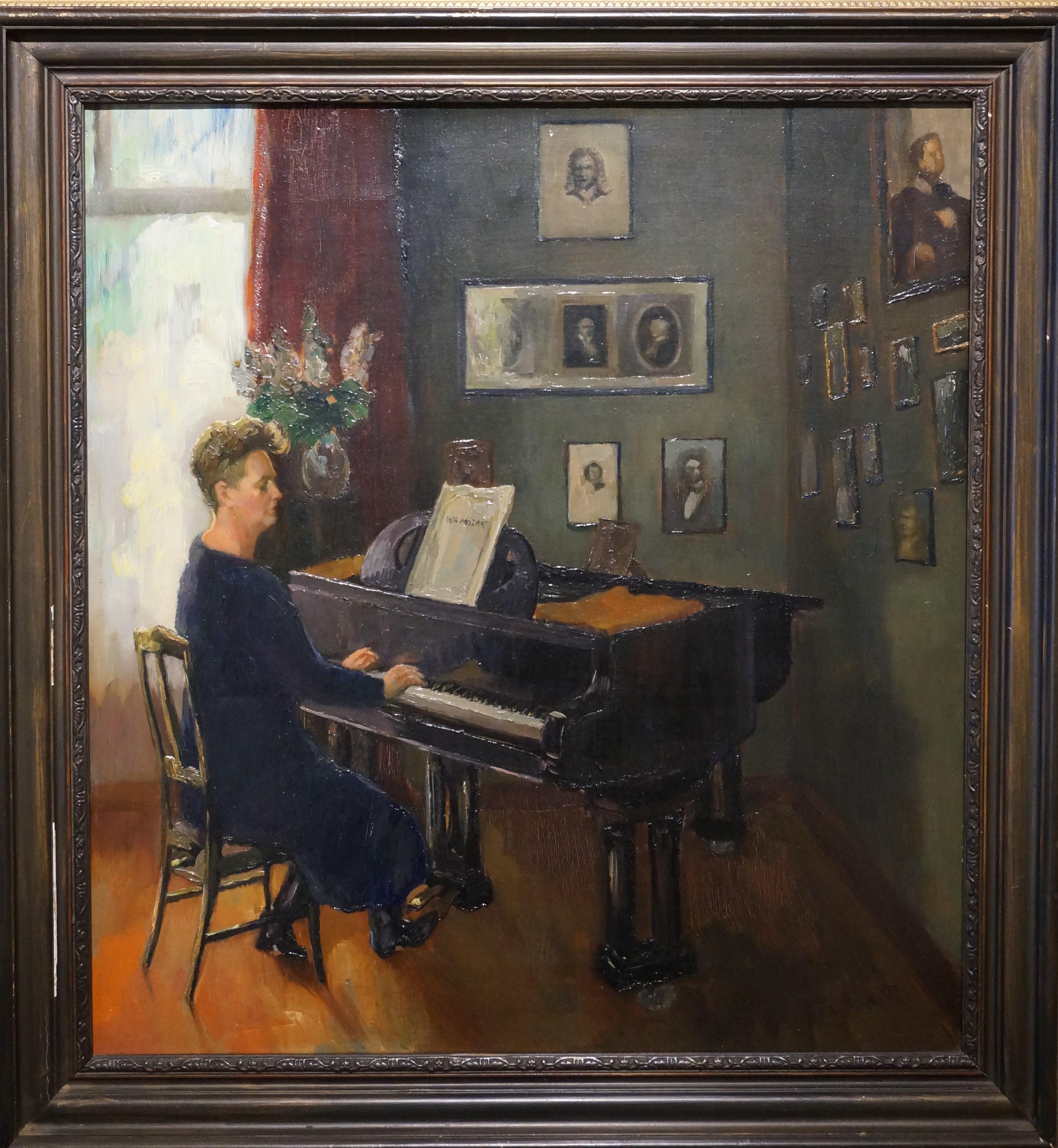 Decorative antique oil painting on canvas, interior with lady playing the piano For Sale 3