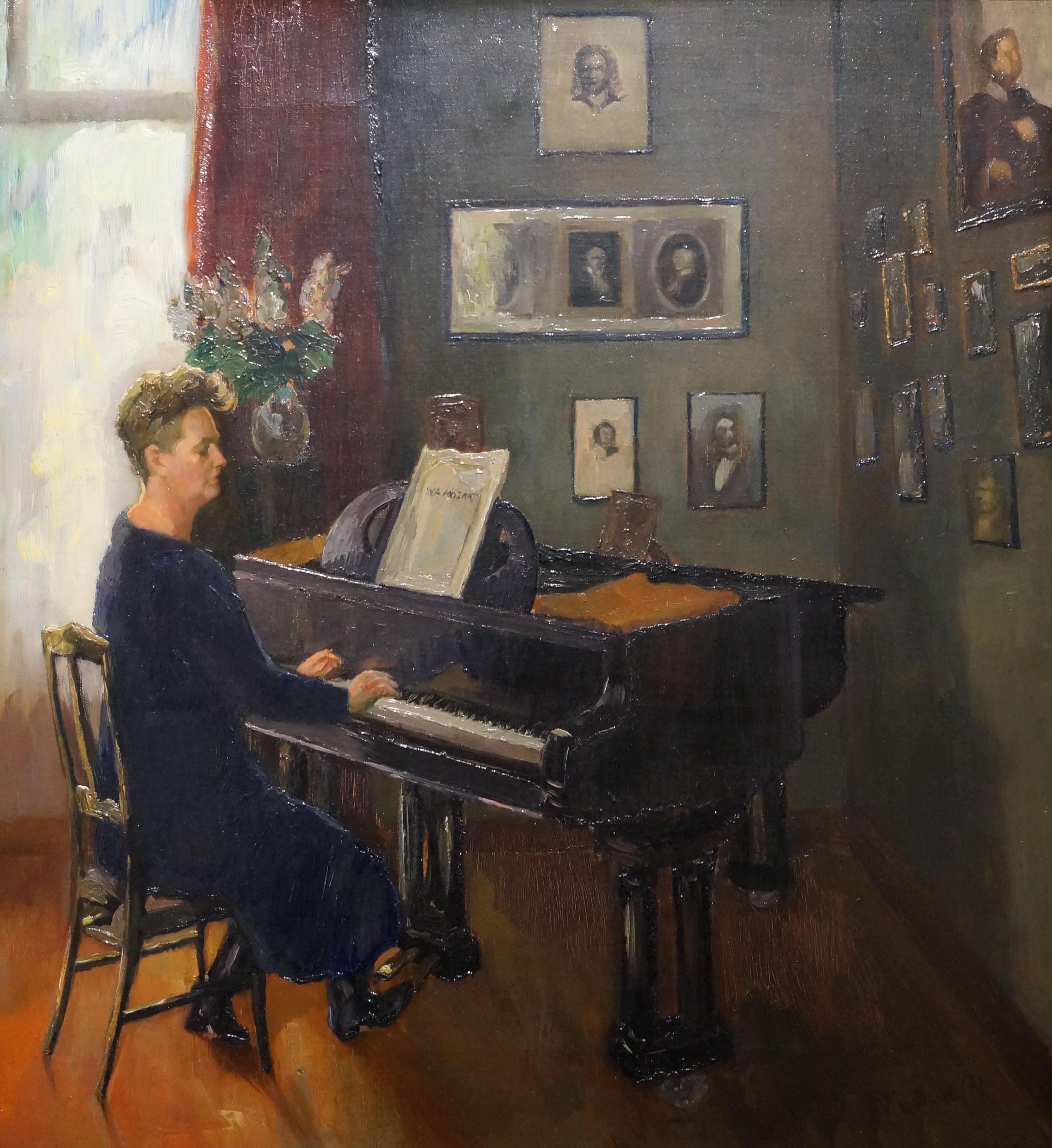 Unknown Interior Painting - Decorative antique oil painting on canvas, interior with lady playing the piano