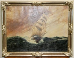 Decorative antique oil painting. Sailing ship in a stormy sea.