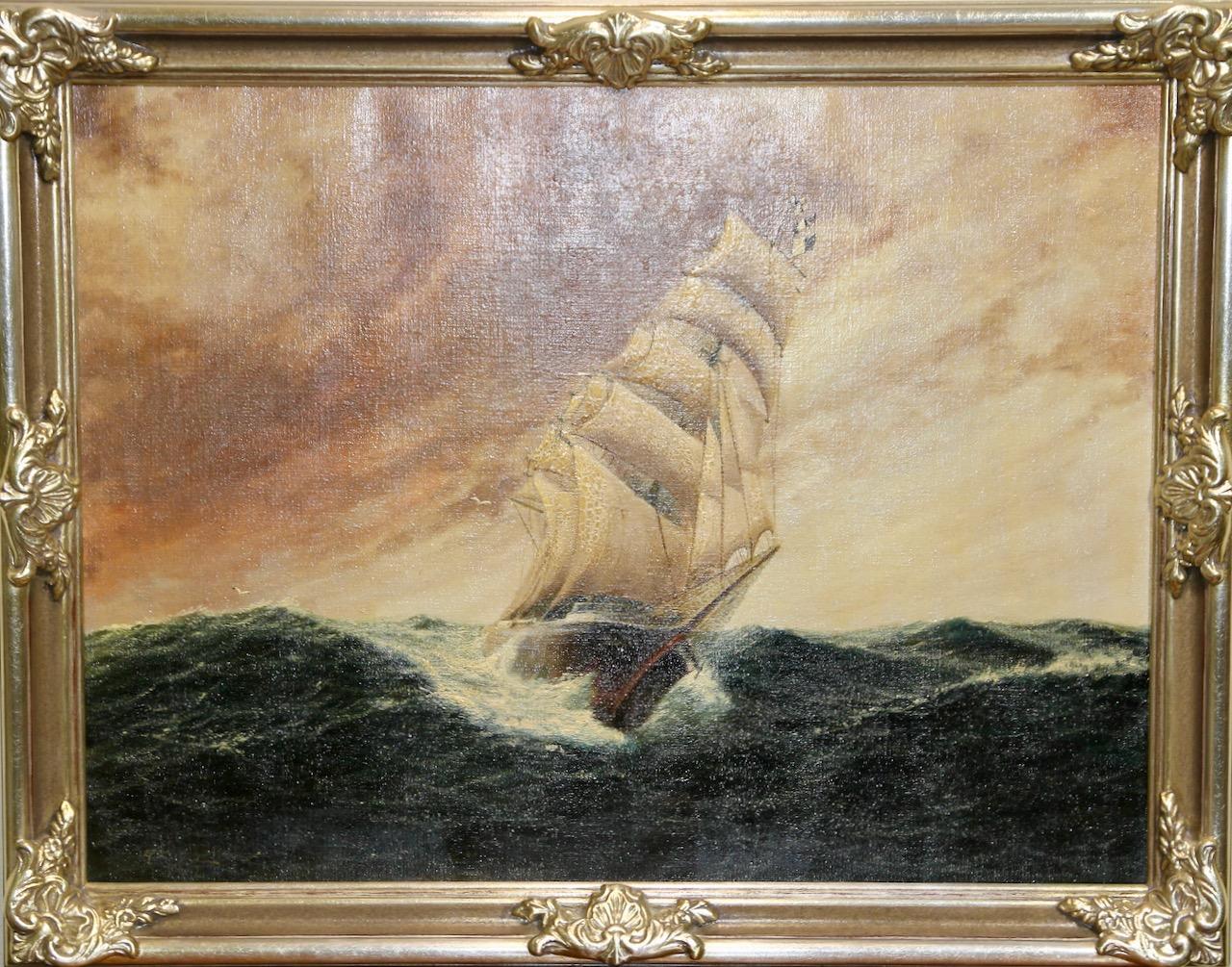 Peinture à l'huile décorative ancienne. Navire à voile dans une mer agitée.

Dimensions avec cadre en cm 71 x 90,5