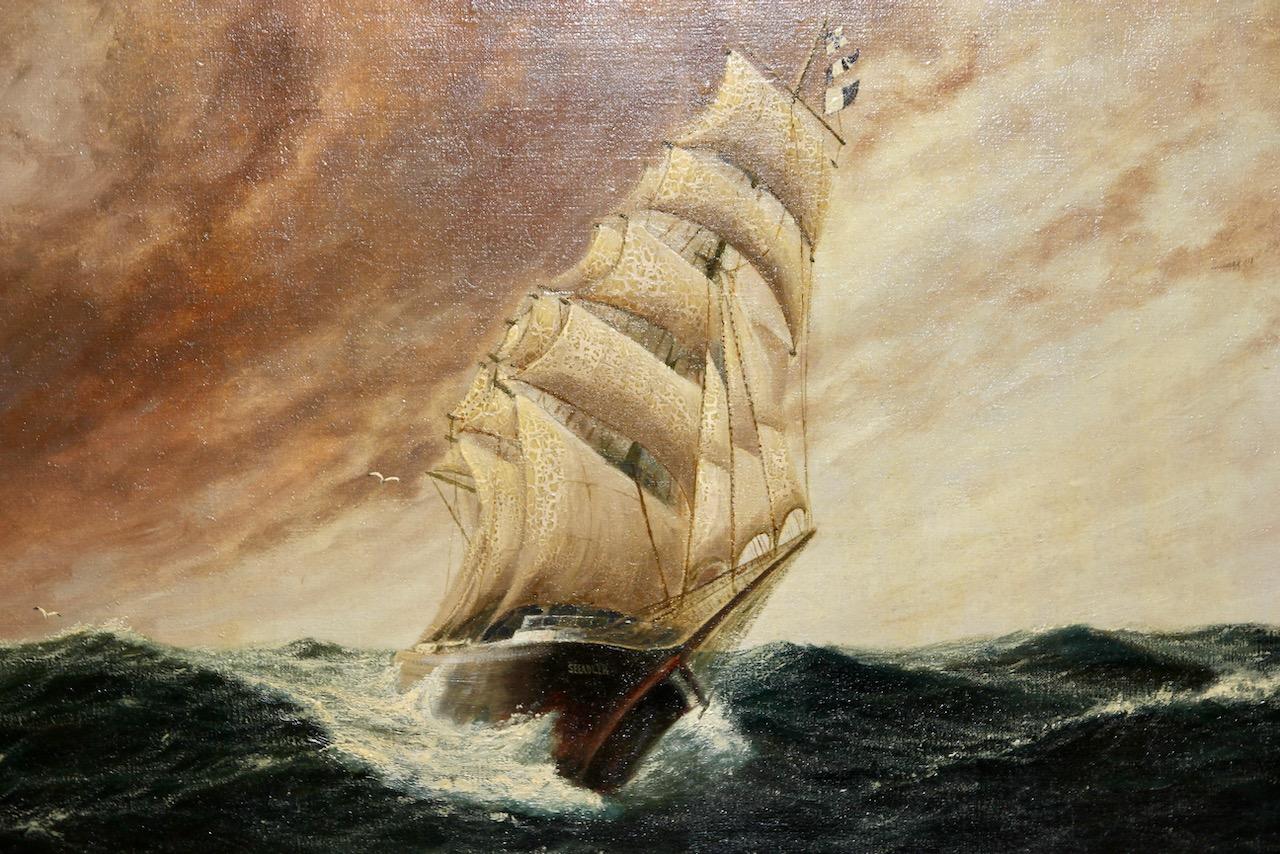 Decorative antique oil painting. Sailing ship in a stormy sea. For Sale 2