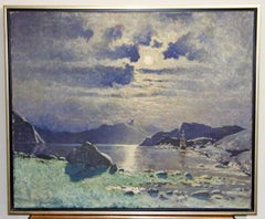 Decorative antique Painting. Atmospheric seascape, shoreline in the moonlight.