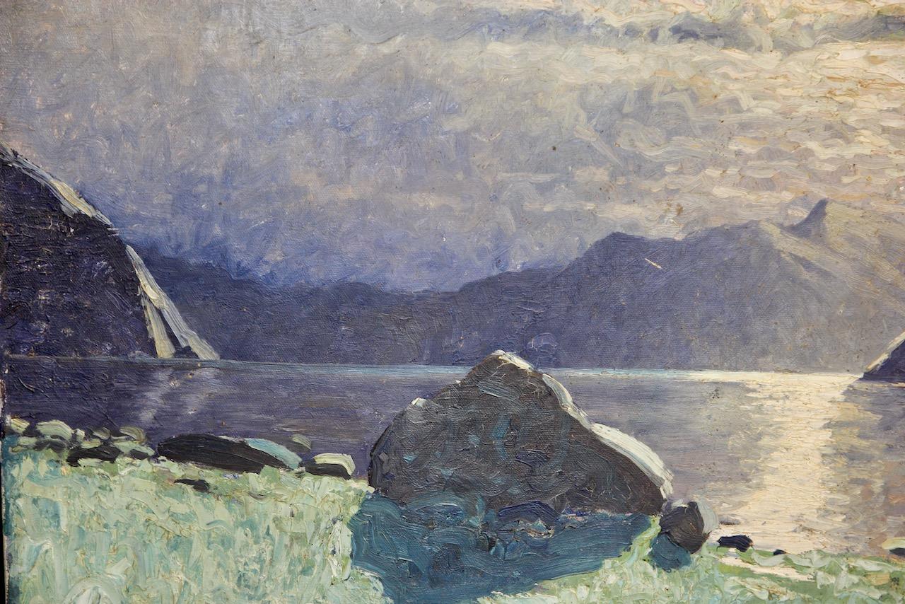 Pintura antigua decorativa. Paisaje marino atmosférico, costa a la luz de la luna. en venta 2