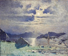 Decorative antique Painting. Atmospheric seascape, shoreline in the moonlight.