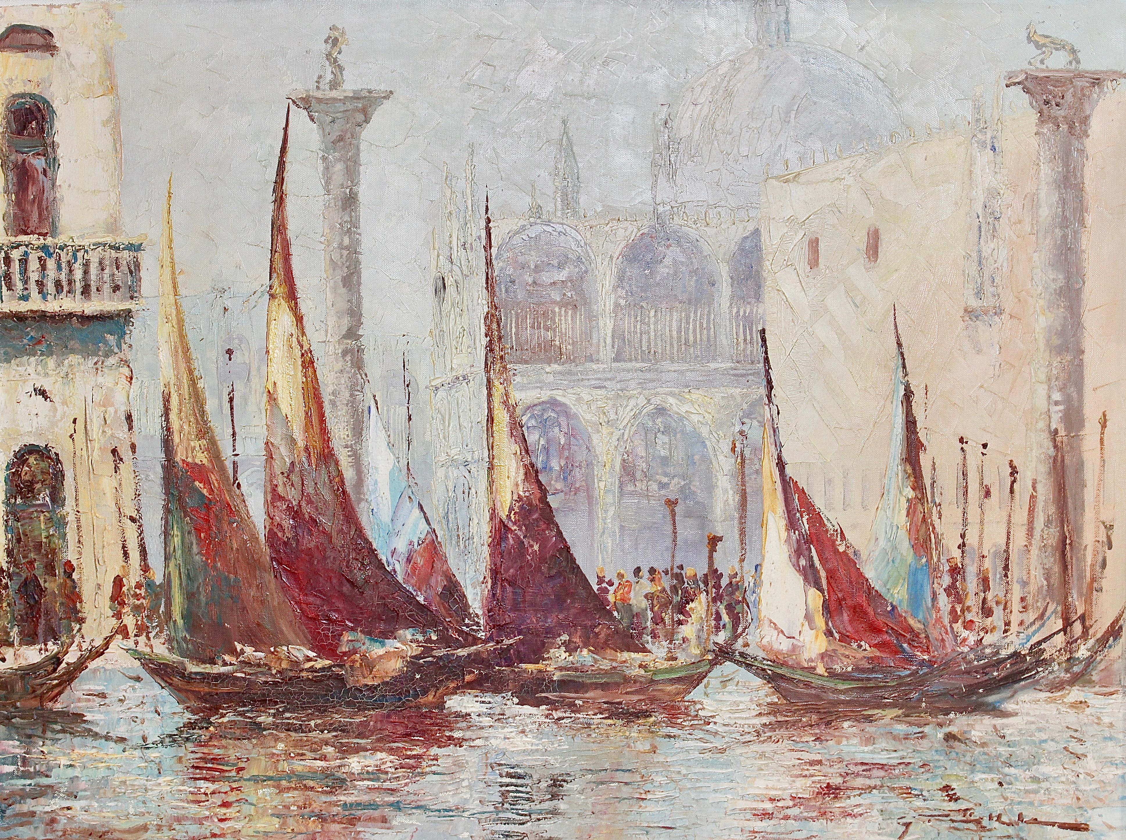 Decorative painting, oil on canvas. Magnificent view of Venice.  - Painting by Unknown