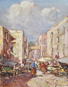 Peinture décorative, huile sur toile Scène de marché orientale. 