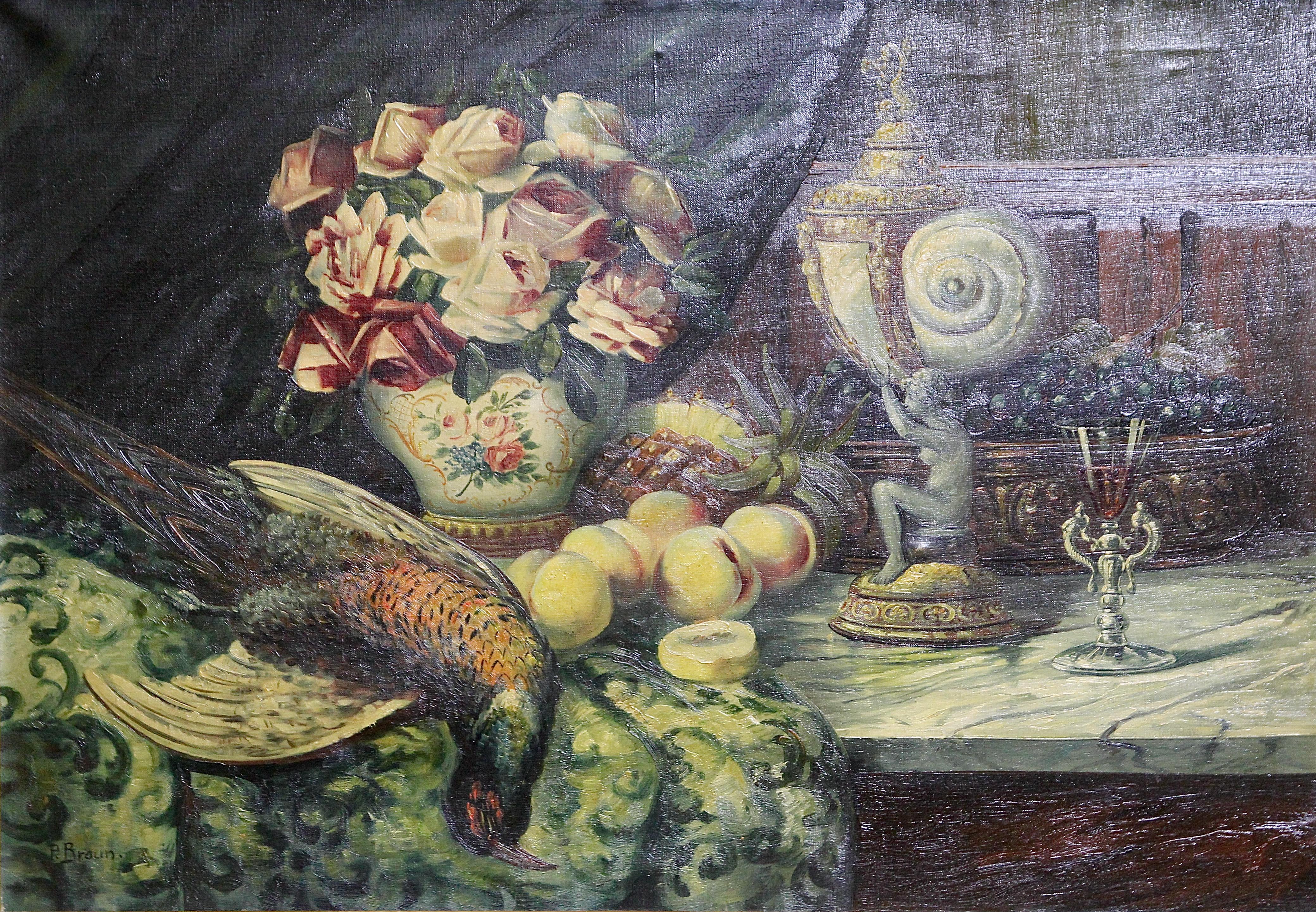 Pintura decorativa, Óleo sobre lienzo, Bodegón con fruta. - Painting de Unknown