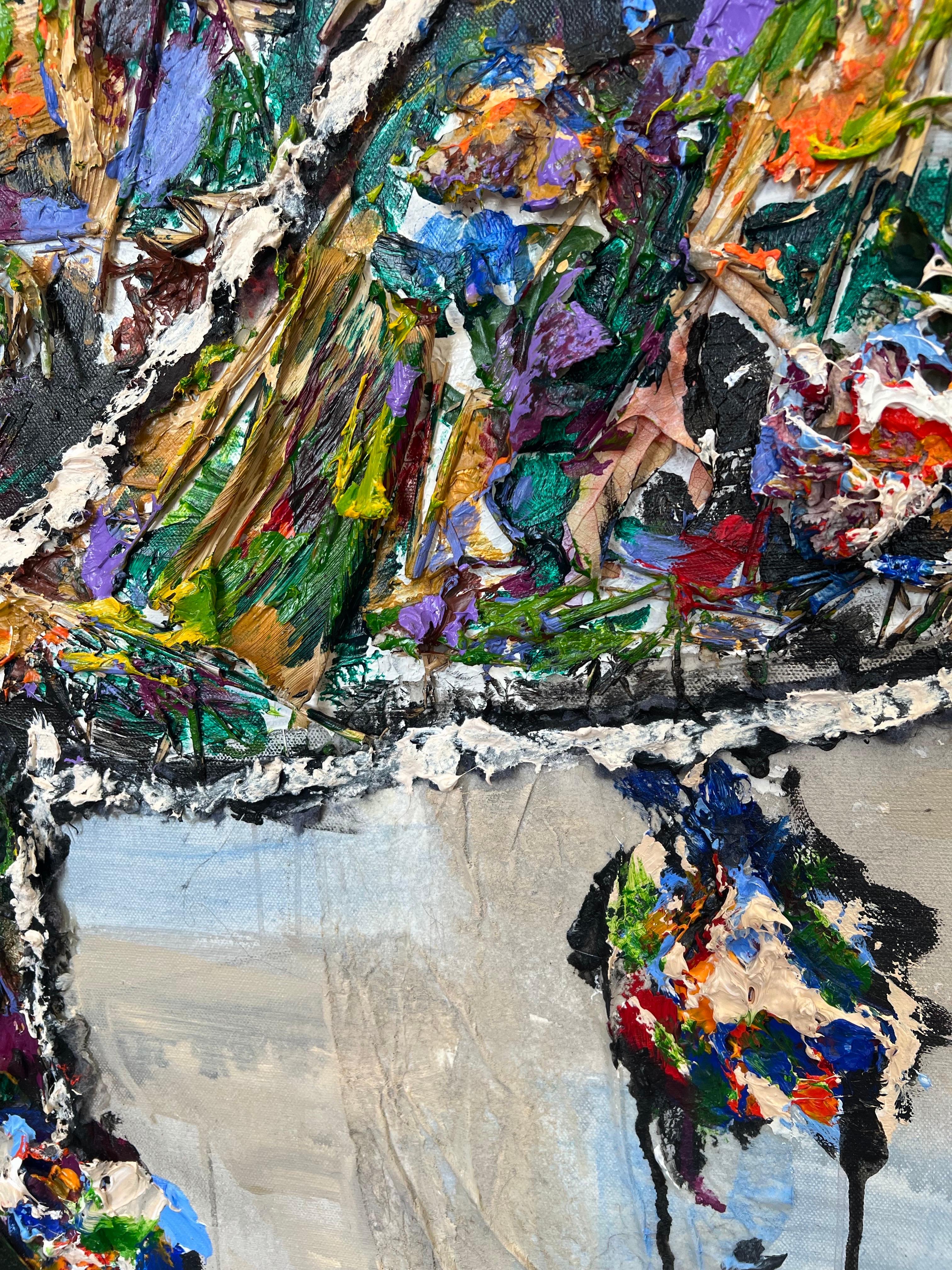Unknown Abstract Painting - A Bird Flew Out in Search of a Cage, Deep Blues, cream, orange colors