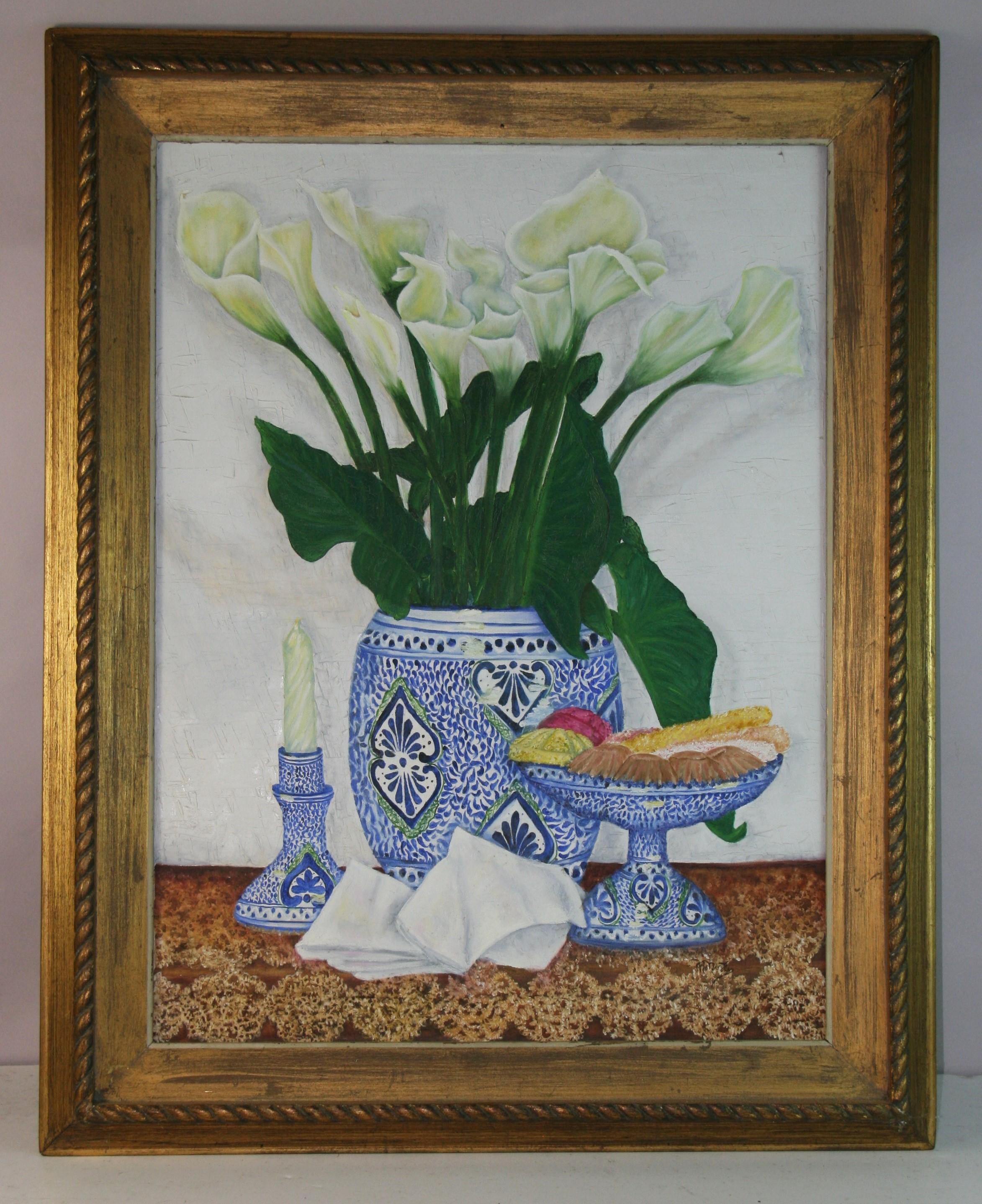 Delft Blau und Weiß Vase mit LilienTable Setting Oversized Ölgemälde – Painting von Unknown